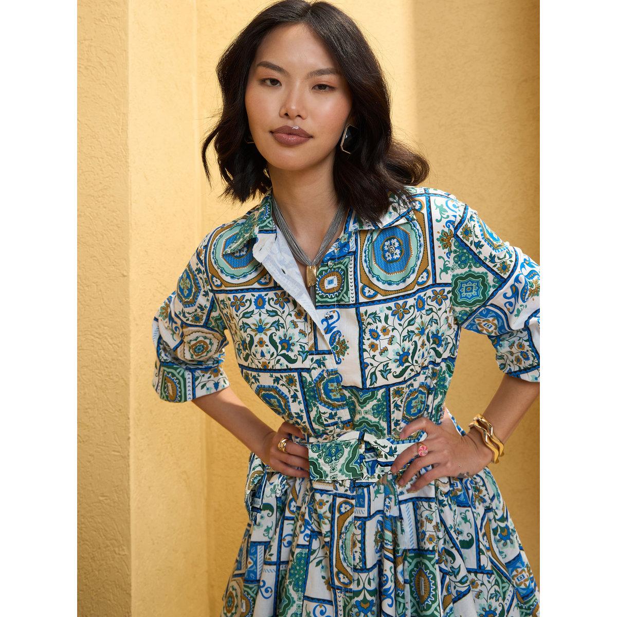 Sassafras Blue Tile Print Belted Shirt Mini Dress-women-clothing-dresses-image-4