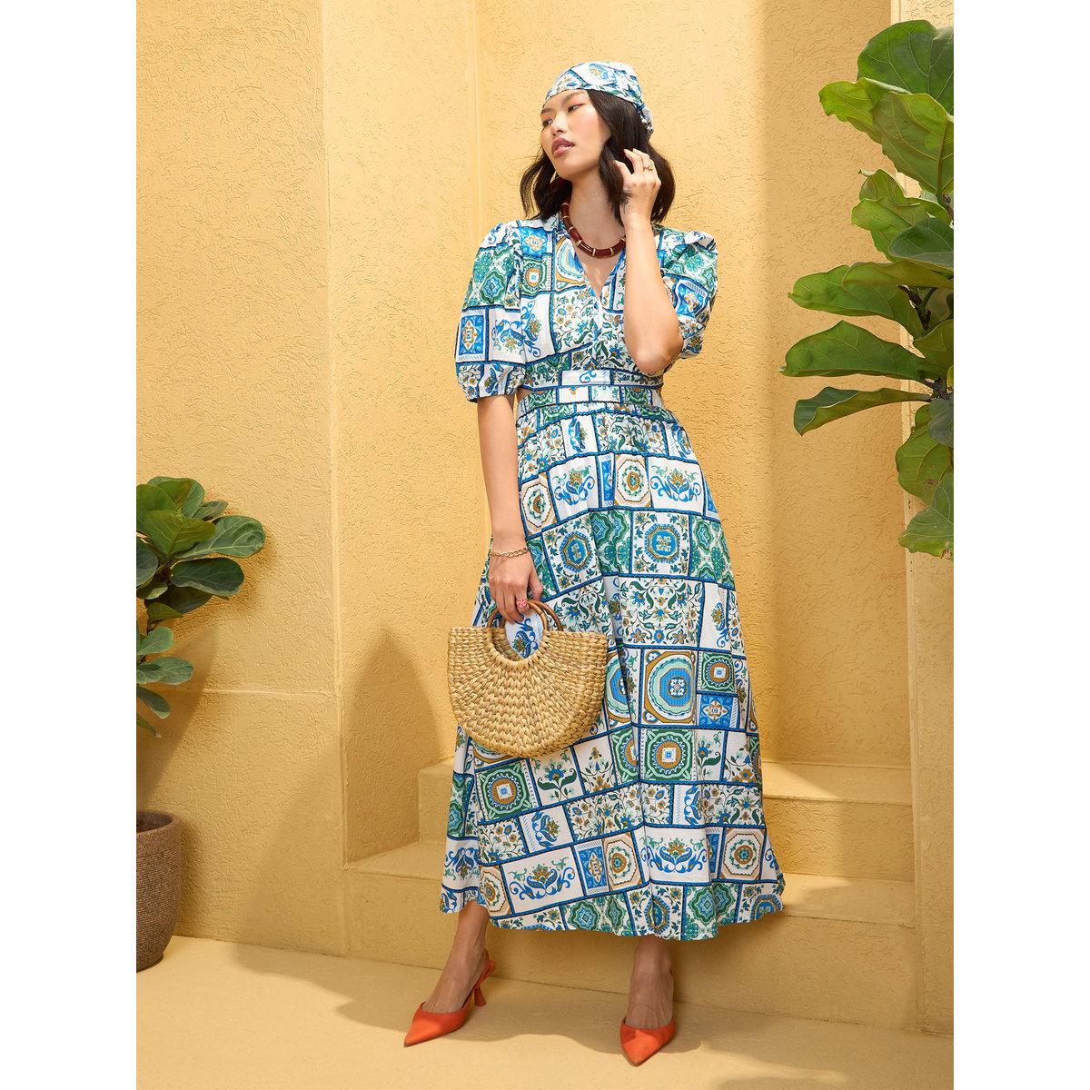 Sassafras Blue All Over Tile Print Back Cut Out Maxi Dress-women-clothing-dresses-image-1