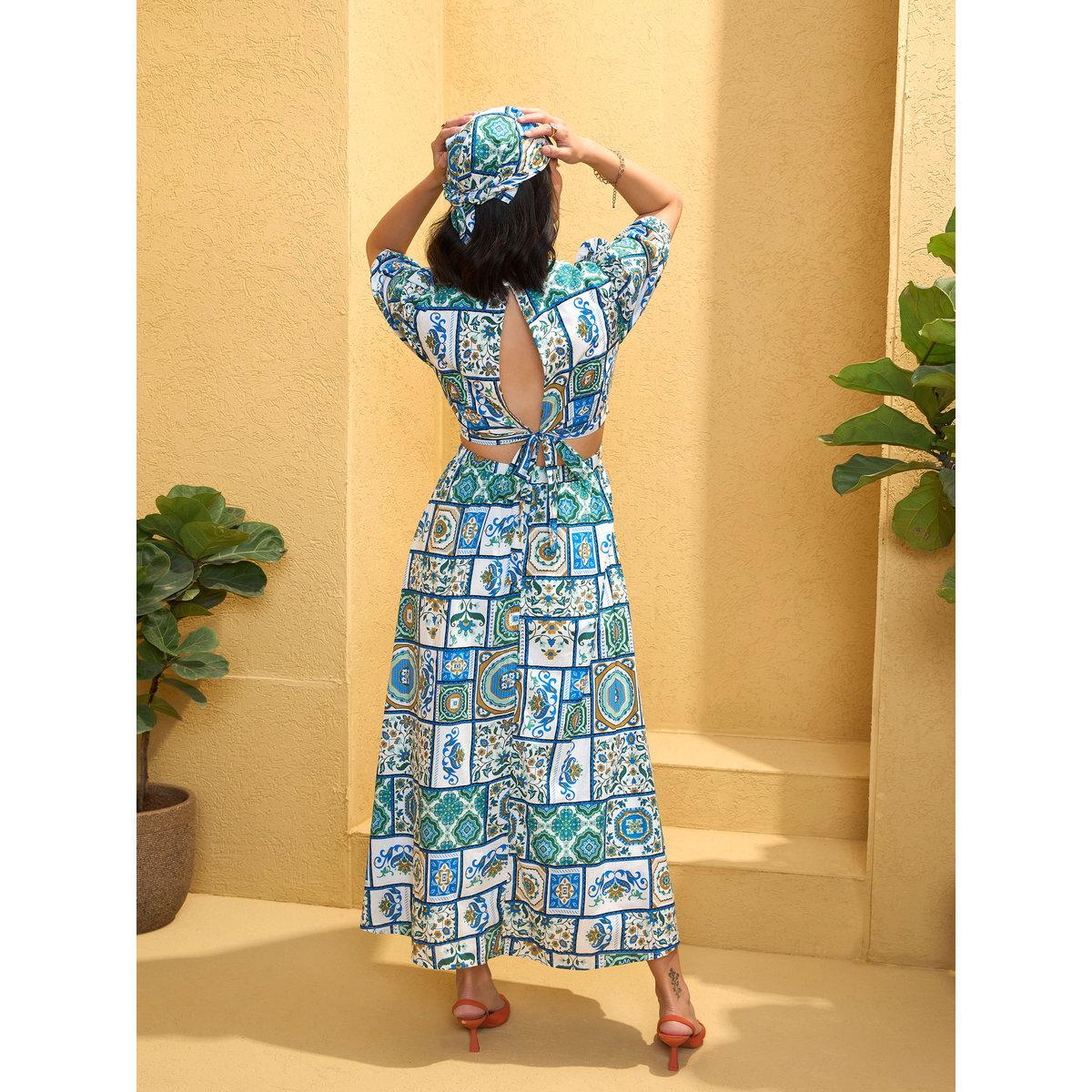 Sassafras Blue All Over Tile Print Back Cut Out Maxi Dress-women-clothing-dresses-image-5