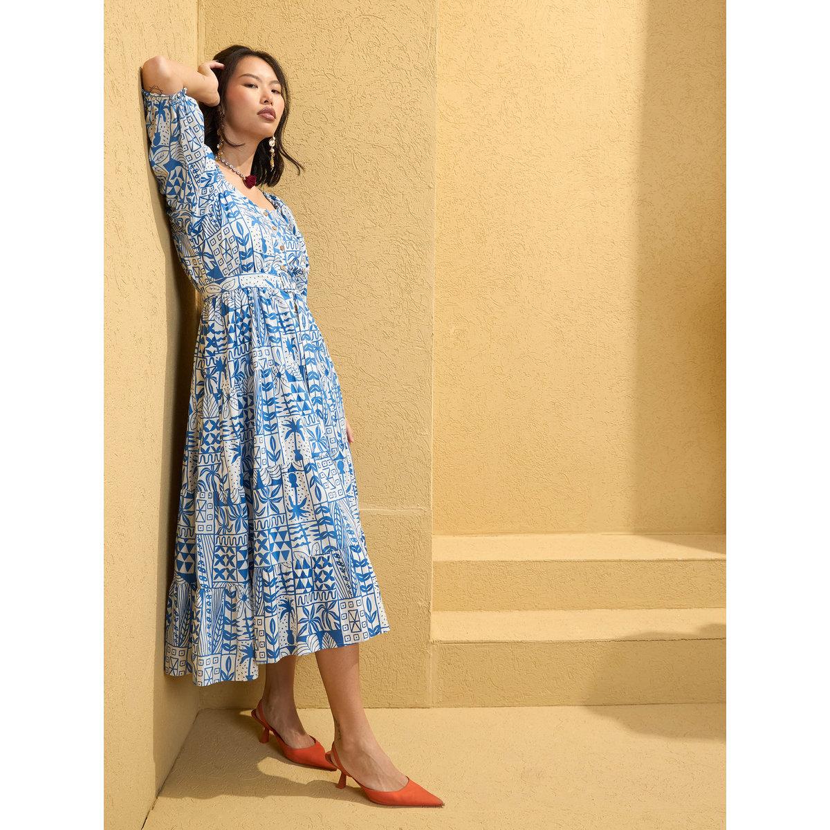 فستان ميدي مُطبع بالكامل بتفاصيل حزام-women-clothing-dresses-image-2