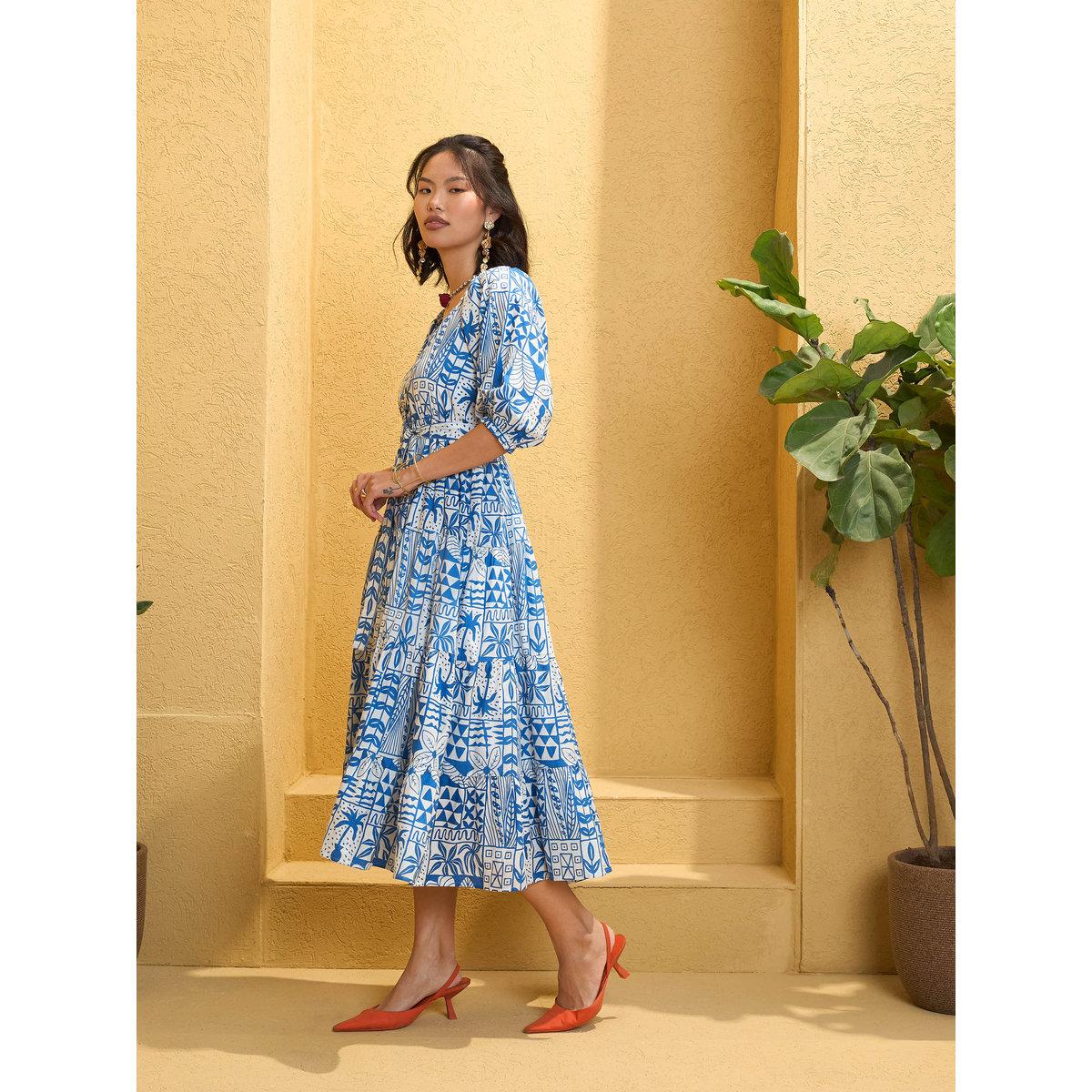فستان ميدي مُطبع بالكامل بتفاصيل حزام-women-clothing-dresses-image-3