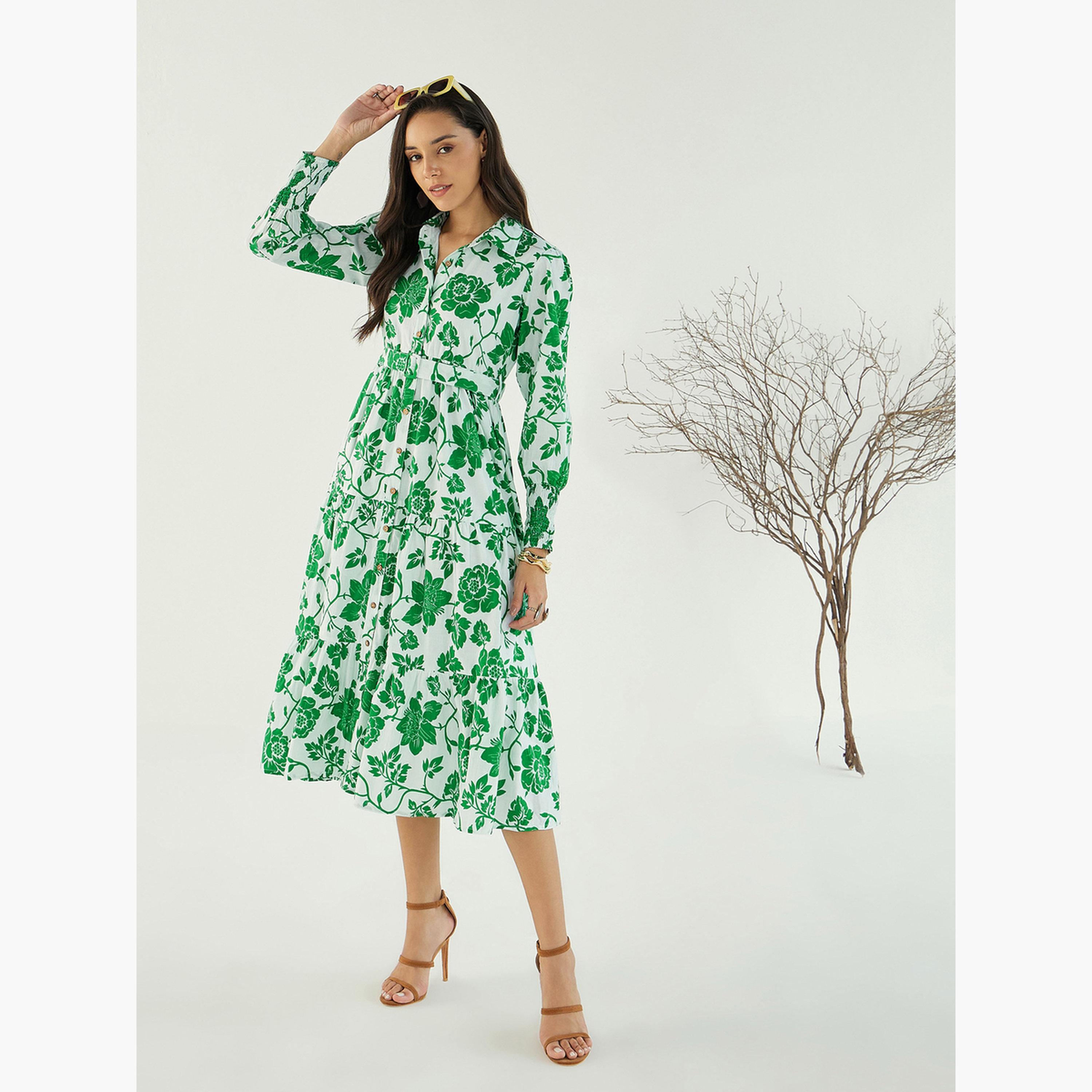 ساسافراس - فستان ميدي بأزرار أمامية مزهر باللونين الأبيض والأخضر للنساء-women-clothing-dresses-image-1