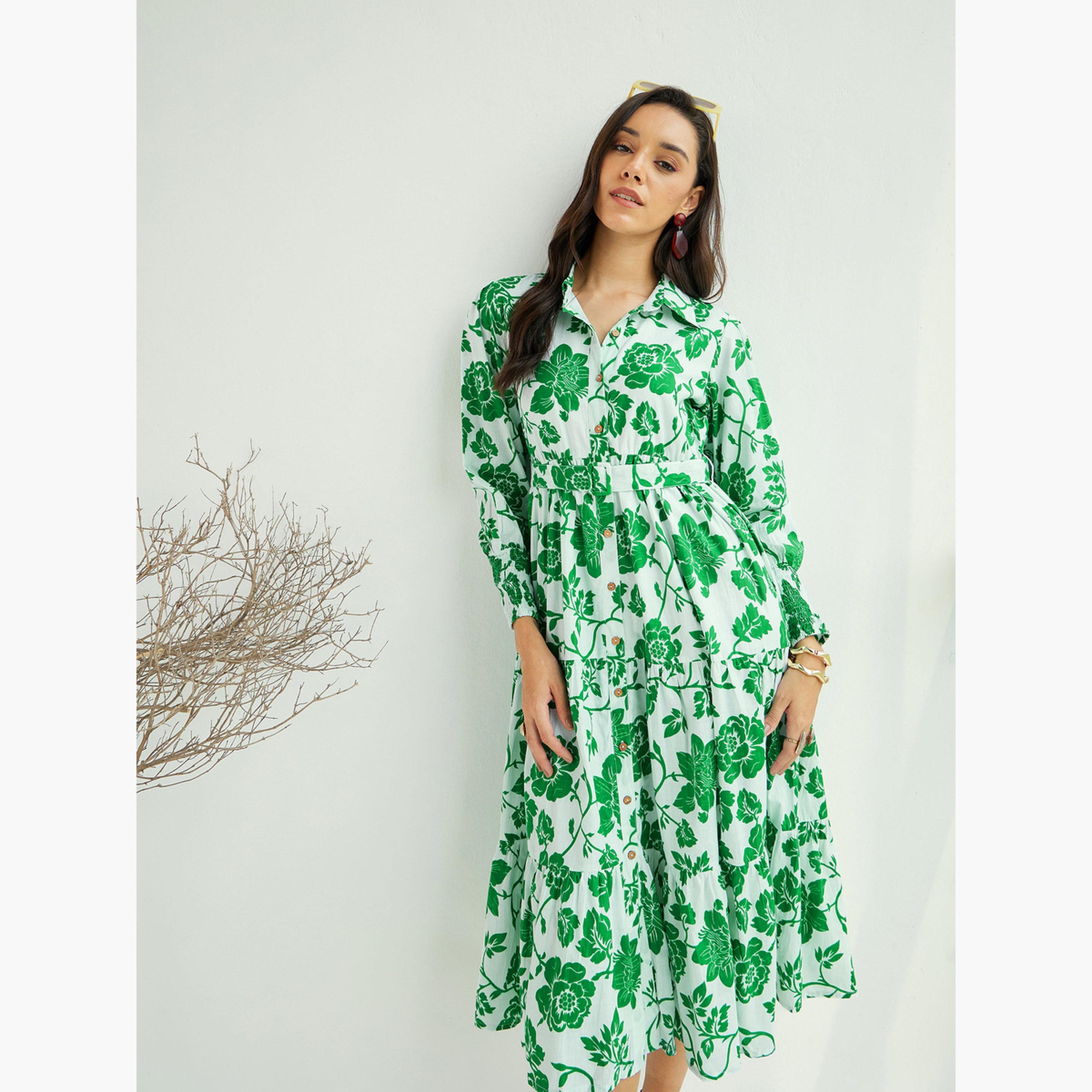 ساسافراس - فستان ميدي بأزرار أمامية مزهر باللونين الأبيض والأخضر للنساء-women-clothing-dresses-image-2