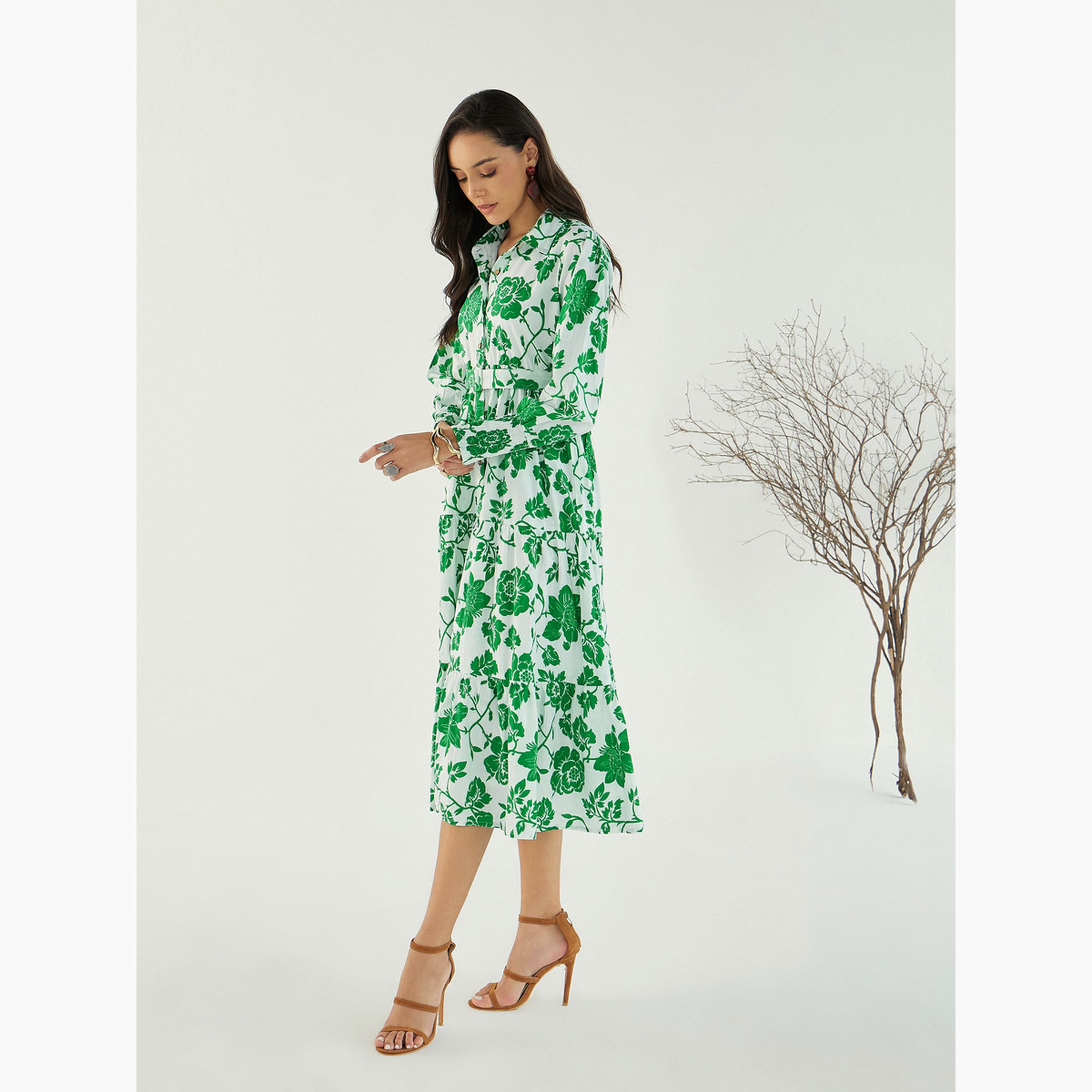 ساسافراس - فستان ميدي بأزرار أمامية مزهر باللونين الأبيض والأخضر للنساء-women-clothing-dresses-image-3