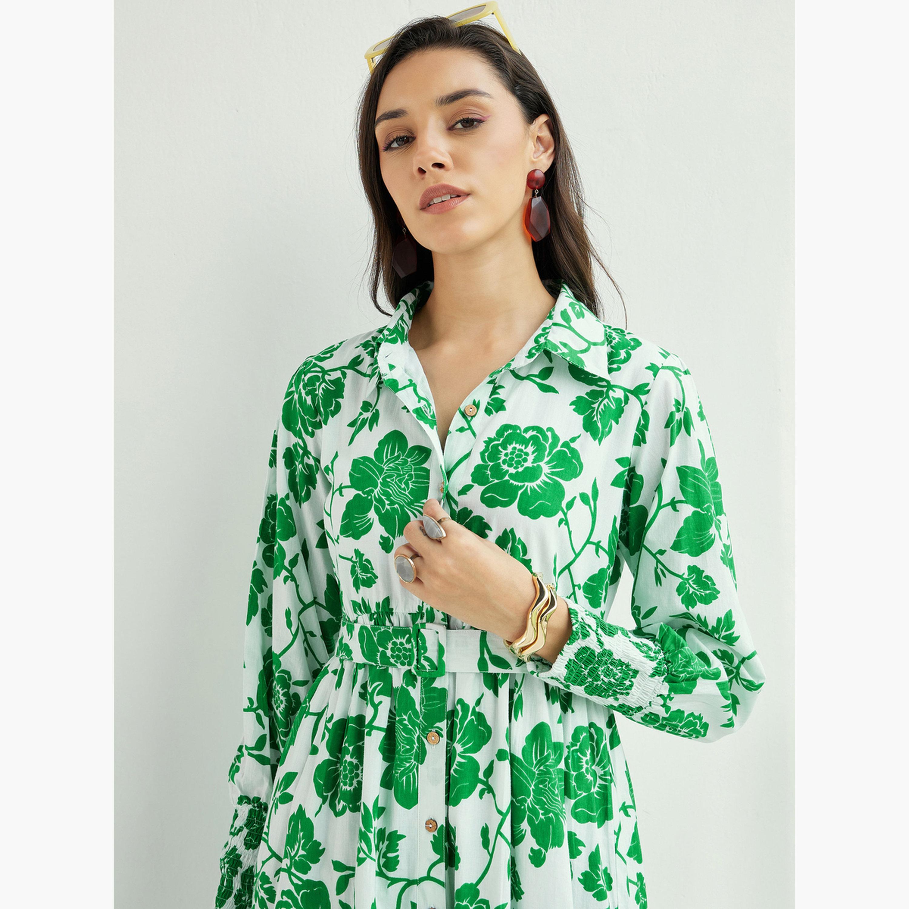 ساسافراس - فستان ميدي بأزرار أمامية مزهر باللونين الأبيض والأخضر للنساء-women-clothing-dresses-image-4