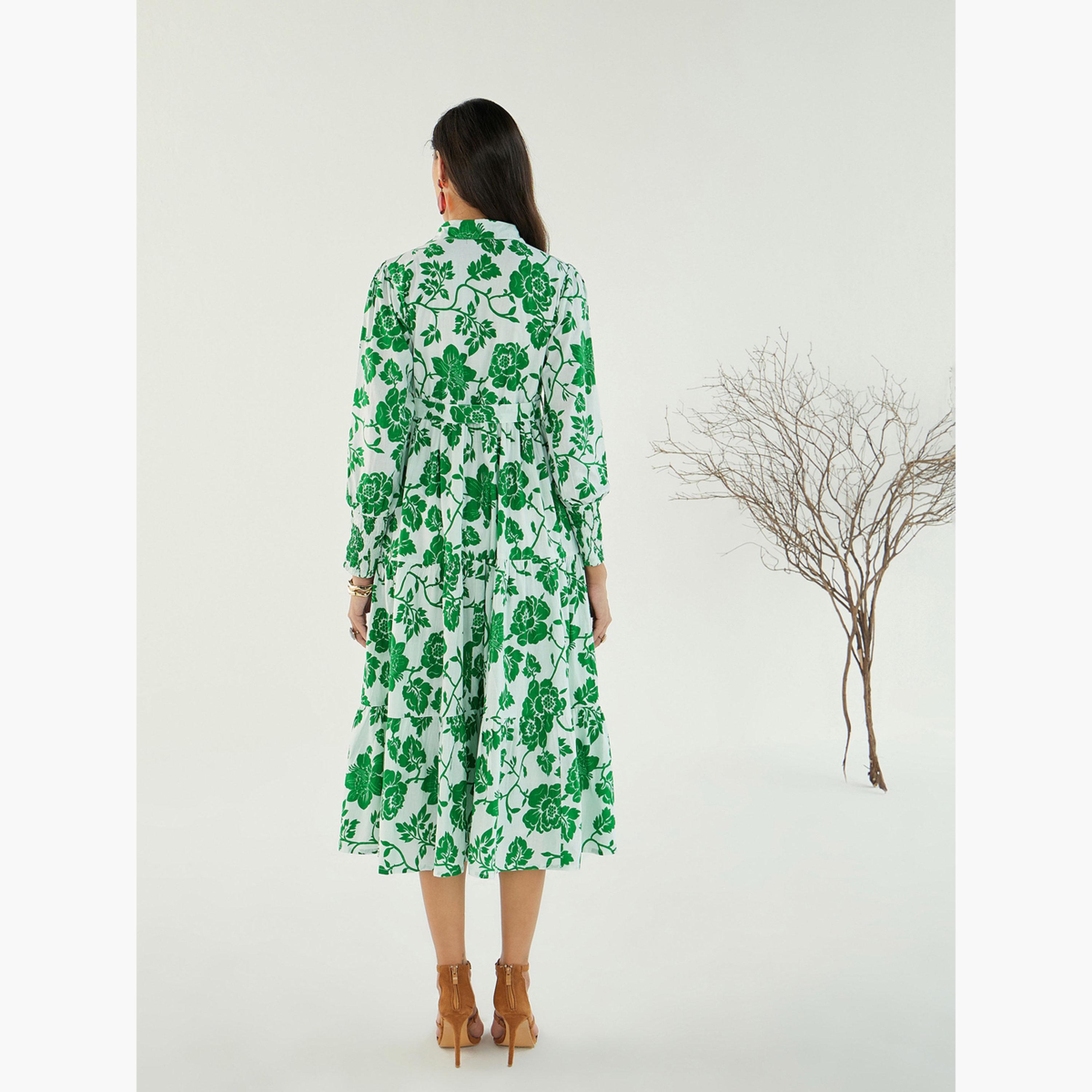 ساسافراس - فستان ميدي بأزرار أمامية مزهر باللونين الأبيض والأخضر للنساء-women-clothing-dresses-image-5