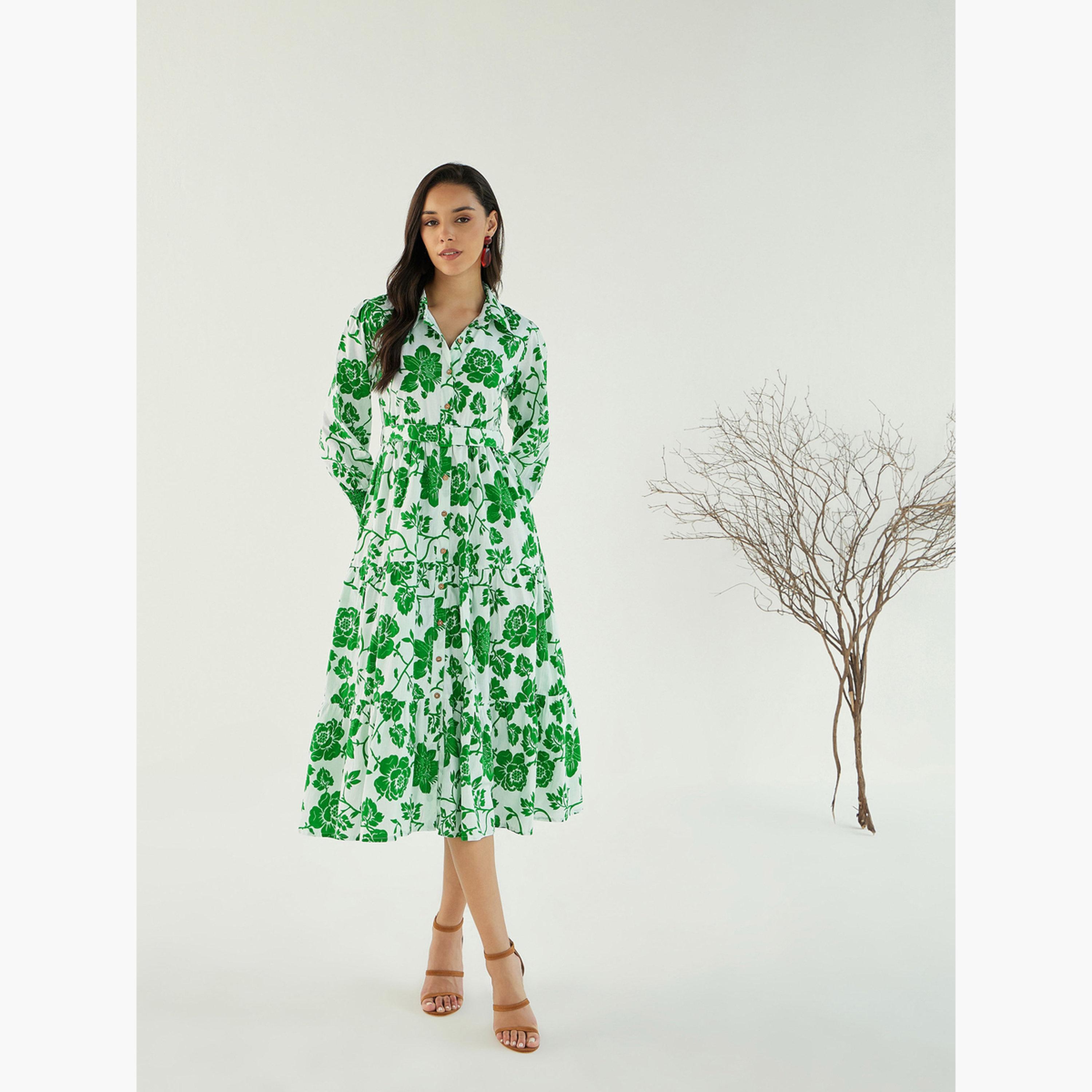 ساسافراس - فستان ميدي بأزرار أمامية مزهر باللونين الأبيض والأخضر للنساء-women-clothing-dresses-image-6