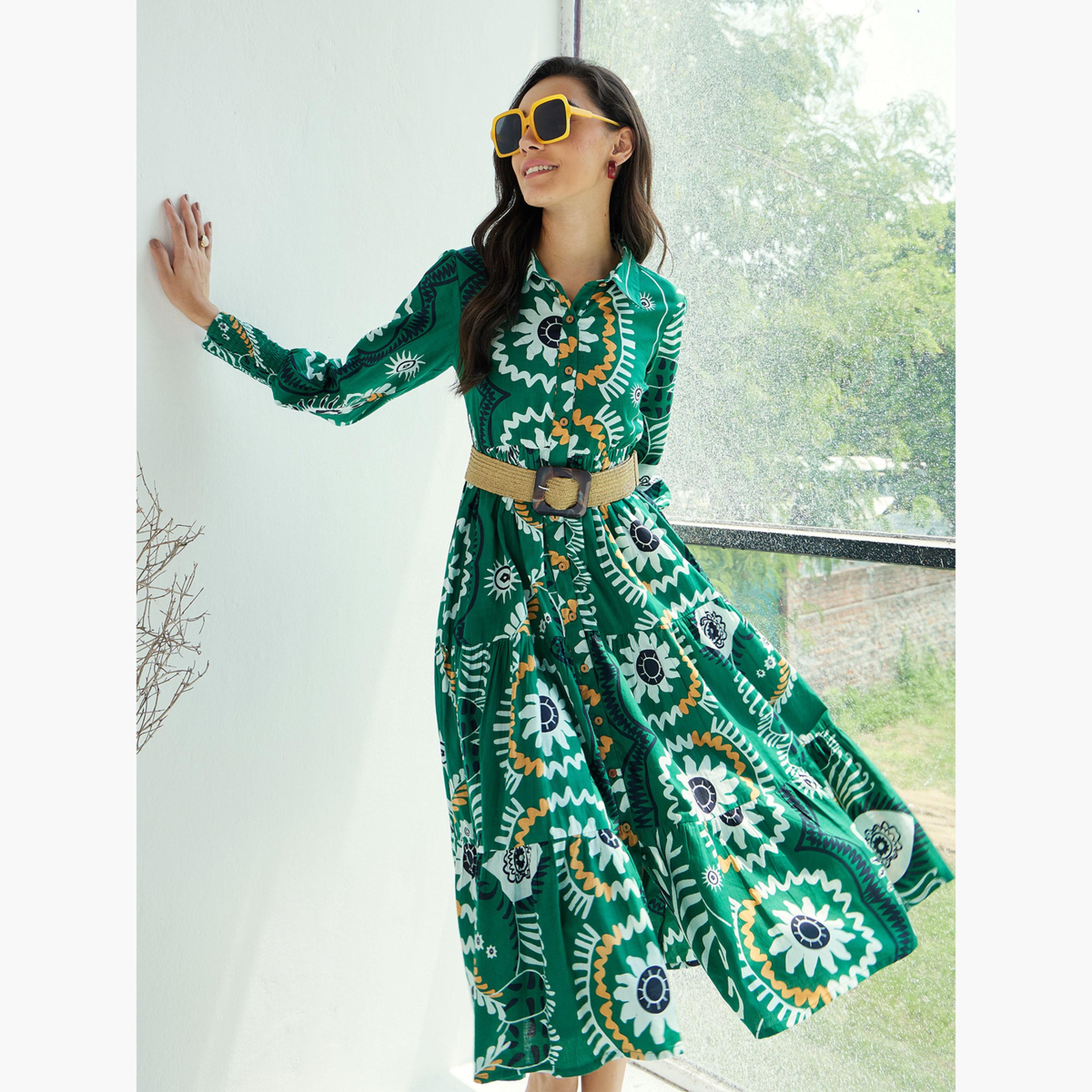 ساسافراس - فستان أخضر متوسط ​​الطول بأزرار أمامية ونقشة زهور للنساء-women-clothing-dresses-image-1