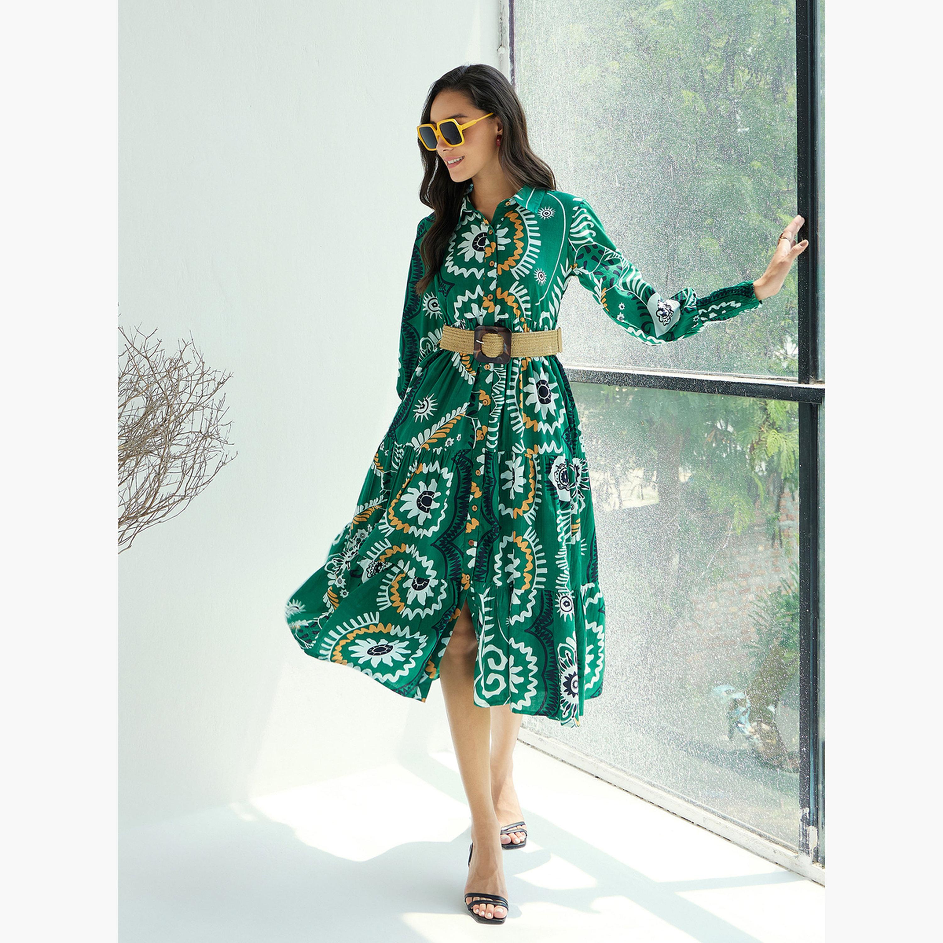 ساسافراس - فستان أخضر متوسط ​​الطول بأزرار أمامية ونقشة زهور للنساء-women-clothing-dresses-image-2
