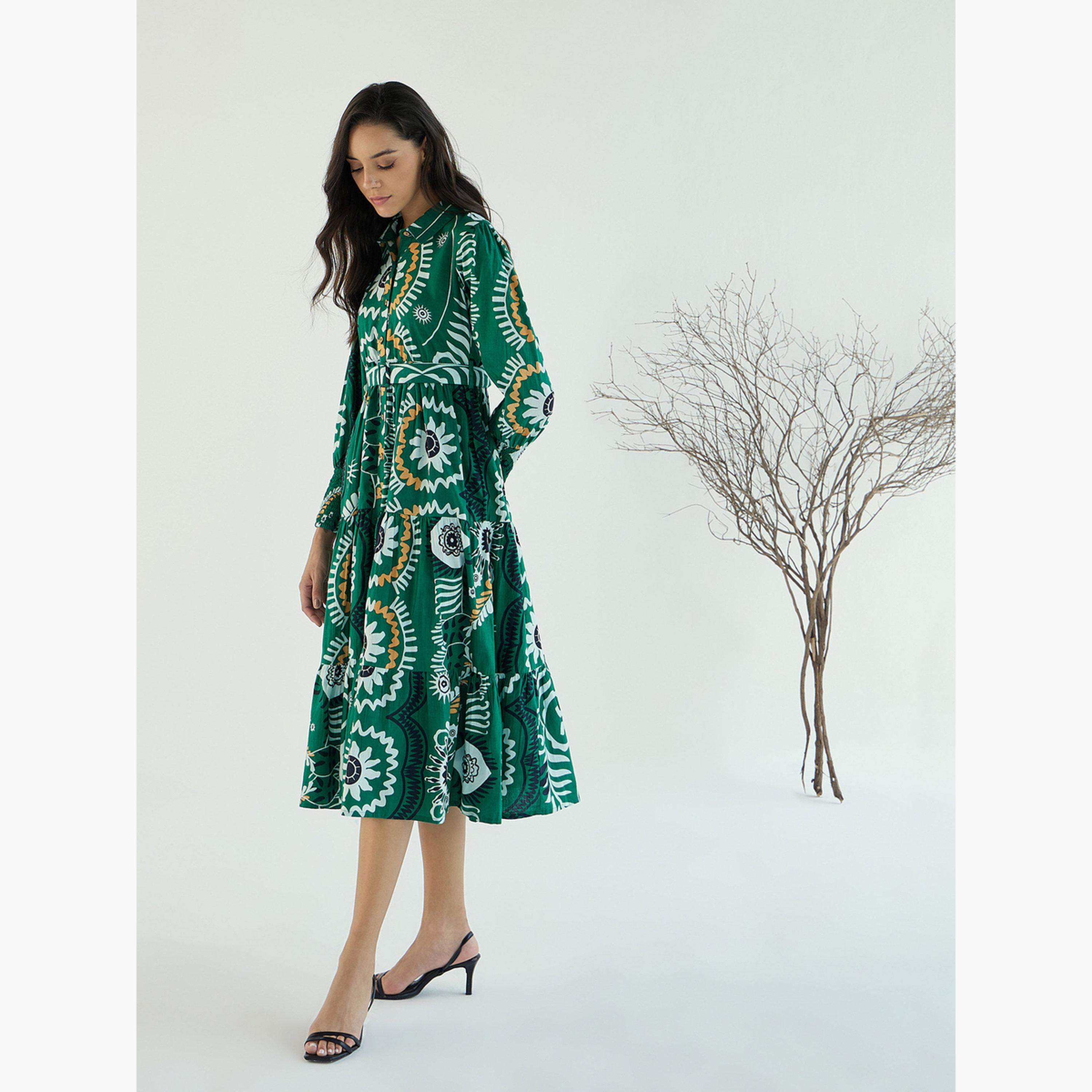 ساسافراس - فستان أخضر متوسط ​​الطول بأزرار أمامية ونقشة زهور للنساء-women-clothing-dresses-image-3