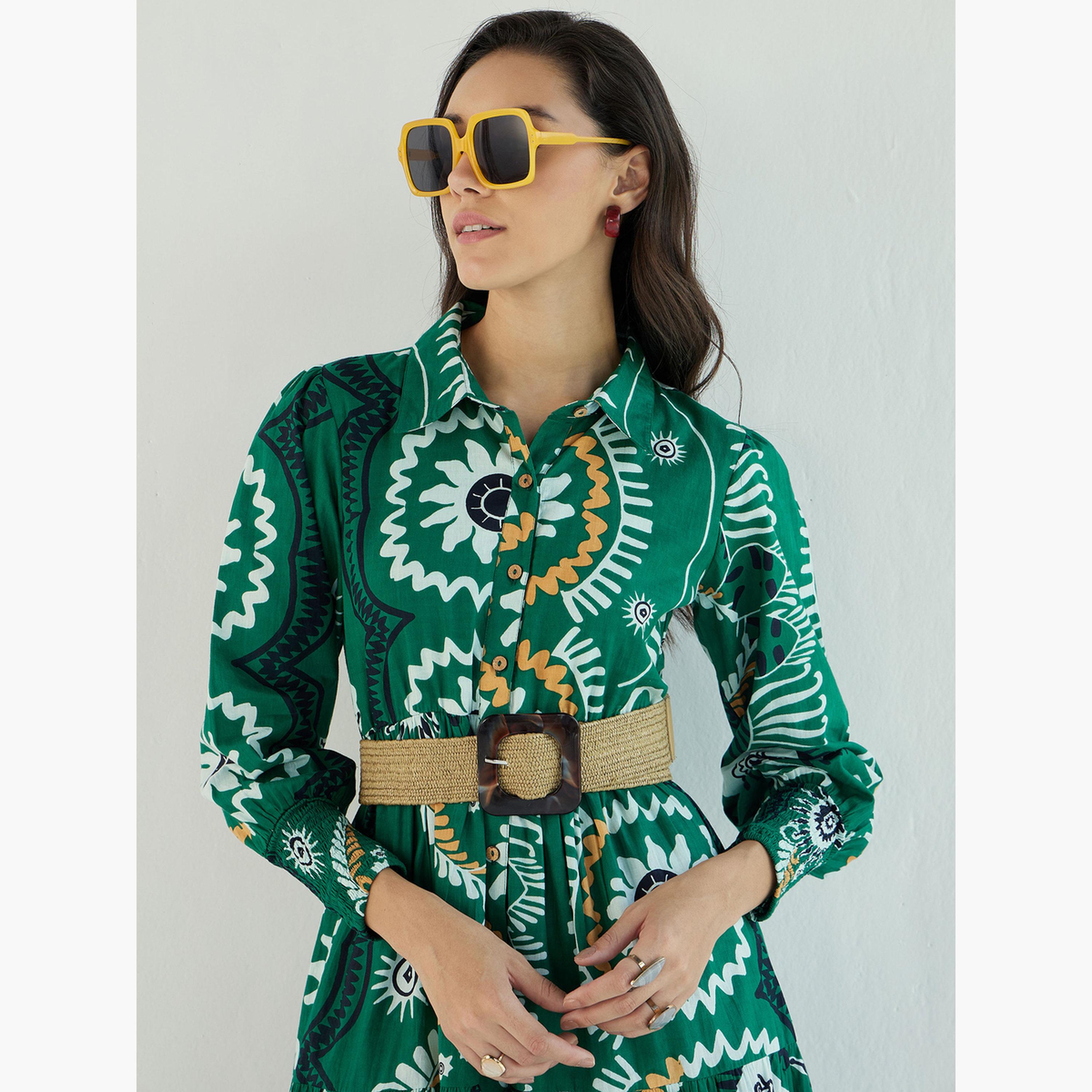 ساسافراس - فستان أخضر متوسط ​​الطول بأزرار أمامية ونقشة زهور للنساء-women-clothing-dresses-image-4