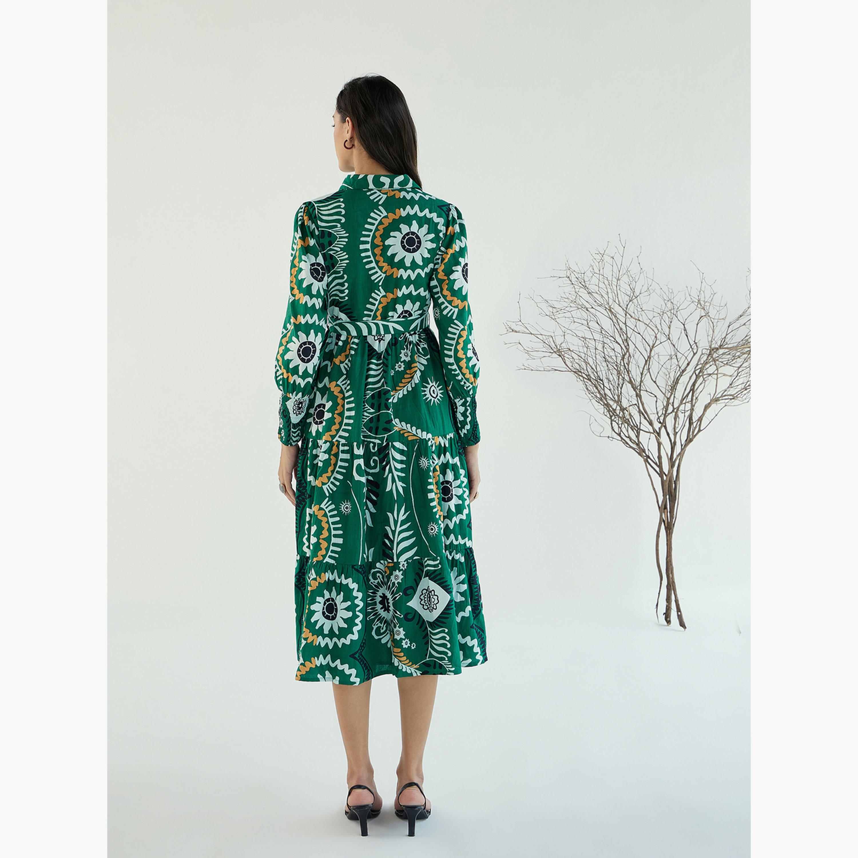 ساسافراس - فستان أخضر متوسط ​​الطول بأزرار أمامية ونقشة زهور للنساء-women-clothing-dresses-image-5