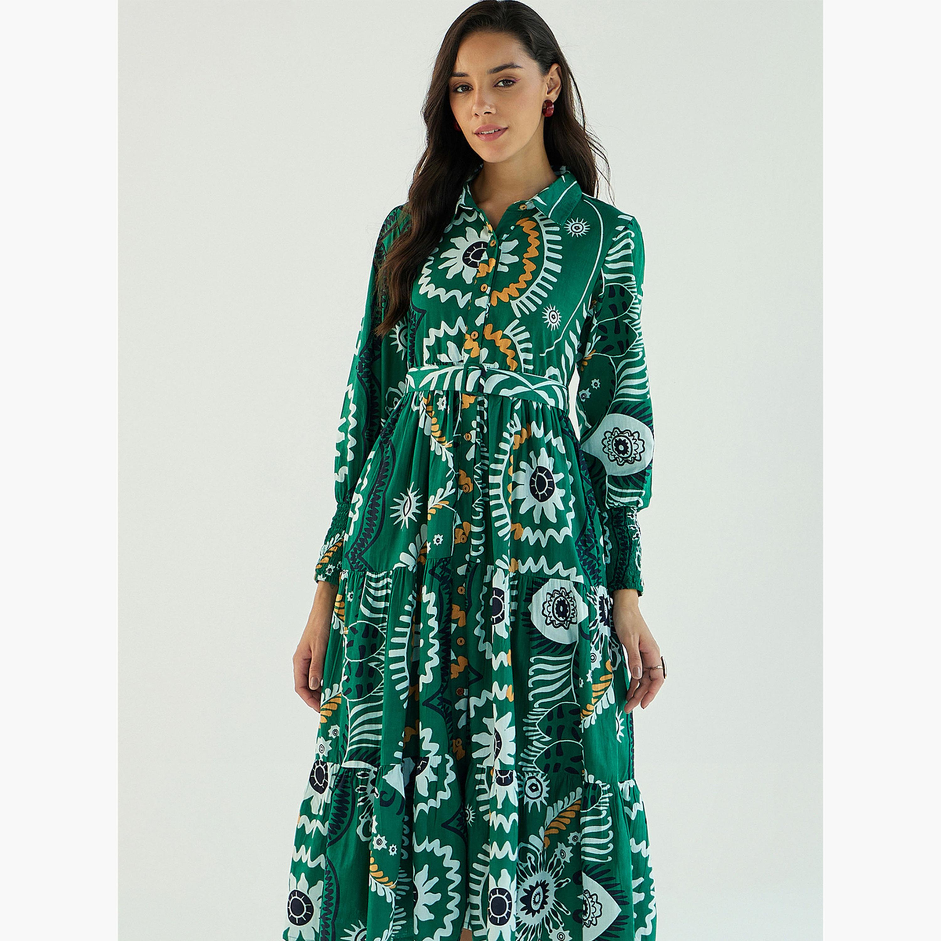 ساسافراس - فستان أخضر متوسط ​​الطول بأزرار أمامية ونقشة زهور للنساء-women-clothing-dresses-image-6