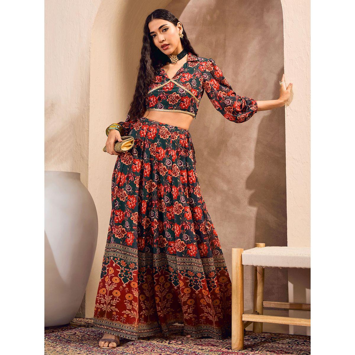 Sassafras Floral Print Collared Crop Top with Anarkali Skirt Co-Ords-women-clothing-ethnicwear-salwarsuits-image-1