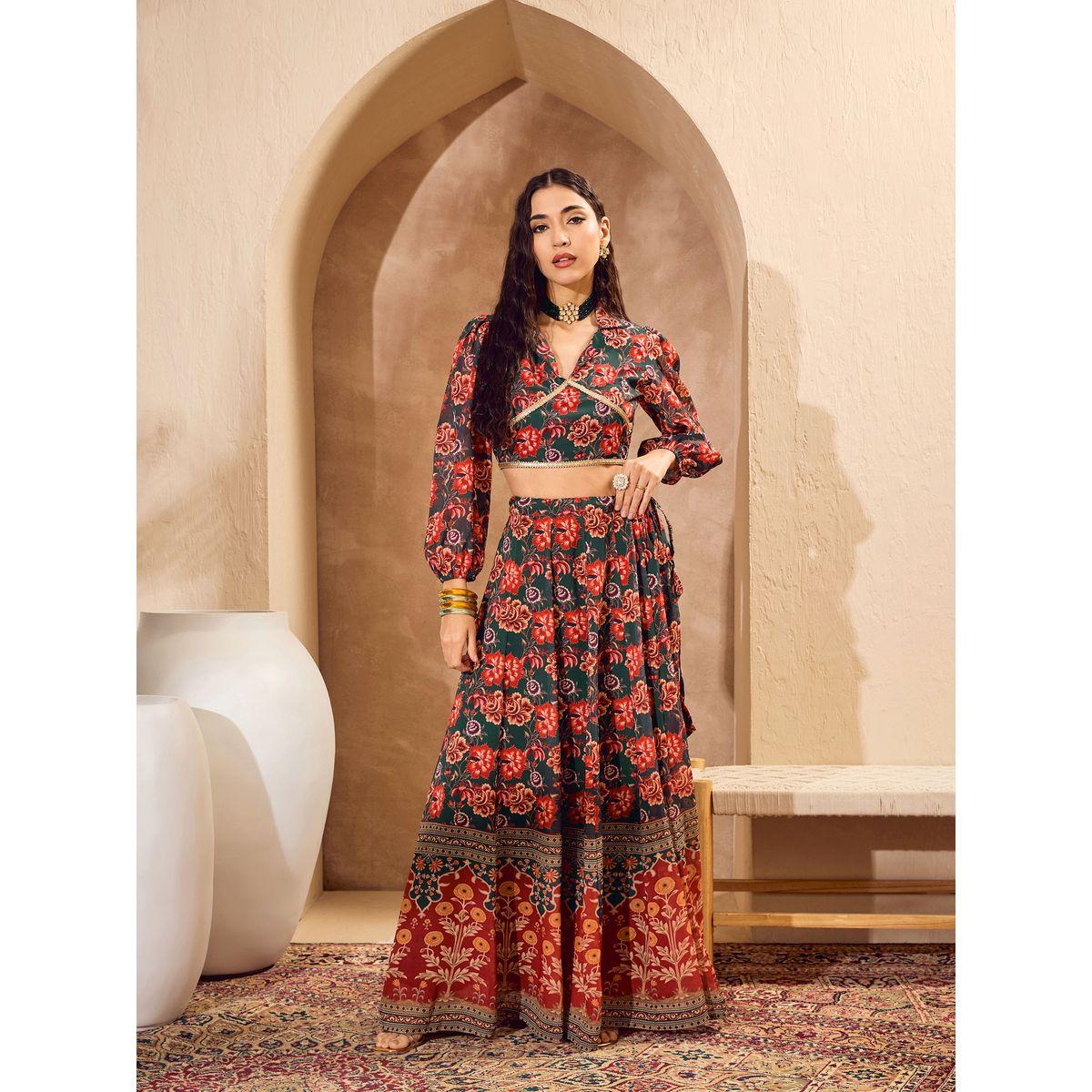 Sassafras Floral Print Collared Crop Top with Anarkali Skirt Co-Ords-women-clothing-ethnicwear-salwarsuits-image-10