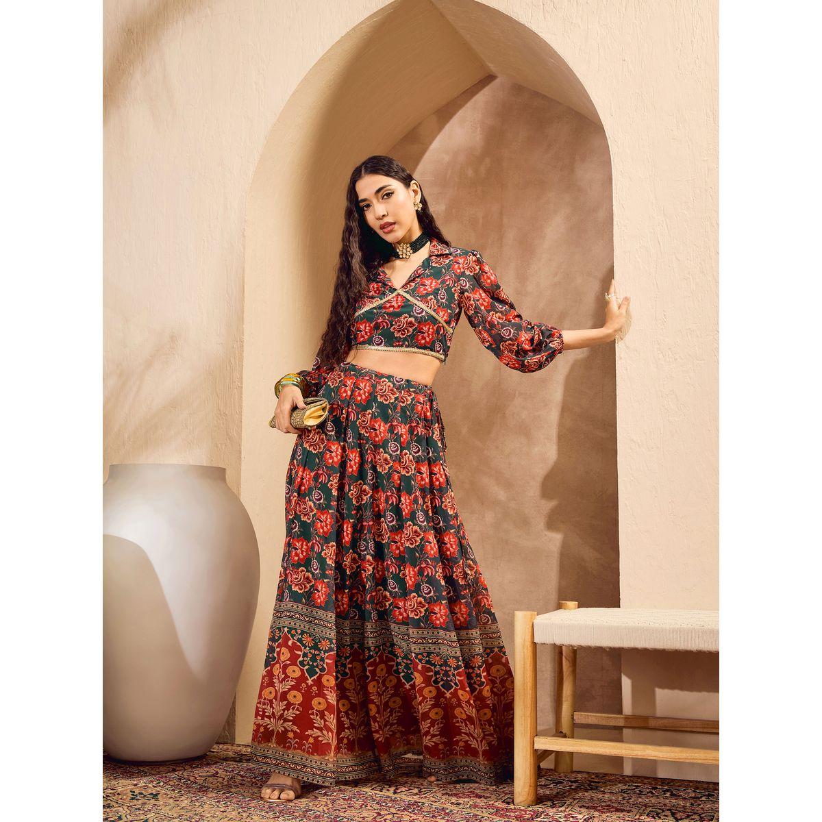 Sassafras Floral Print Collared Crop Top with Anarkali Skirt Co-Ords-women-clothing-ethnicwear-salwarsuits-image-2