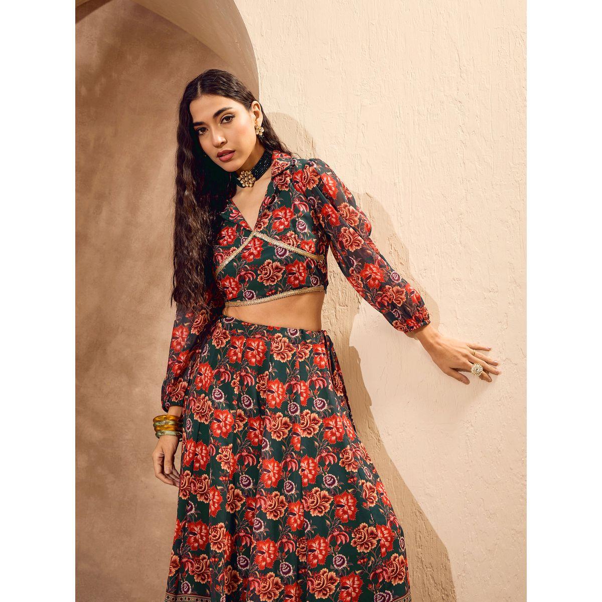 Sassafras Floral Print Collared Crop Top with Anarkali Skirt Co-Ords-women-clothing-ethnicwear-salwarsuits-image-3