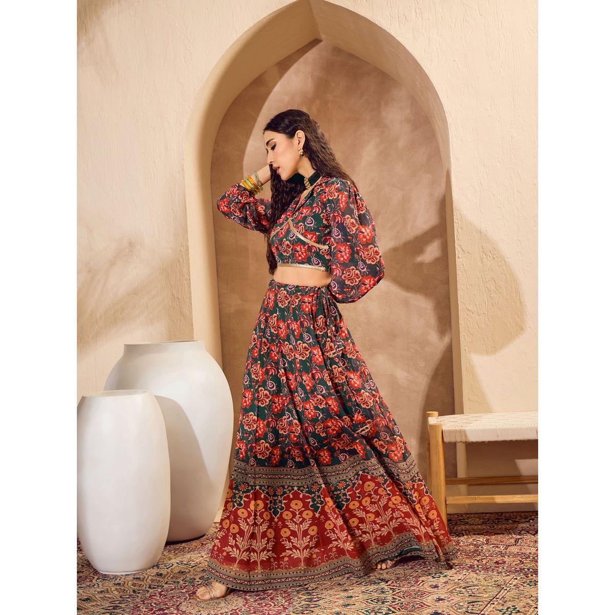 Sassafras Floral Print Collared Crop Top with Anarkali Skirt Co-Ords-women-clothing-ethnicwear-salwarsuits-image-4