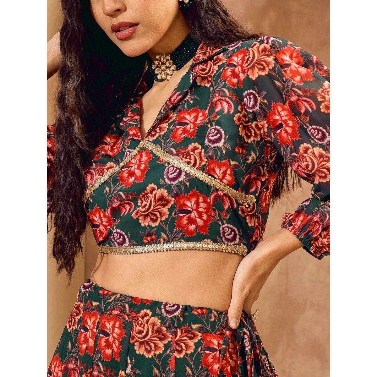 Sassafras Floral Print Collared Crop Top with Anarkali Skirt Co-Ords-women-clothing-ethnicwear-salwarsuits-image-5