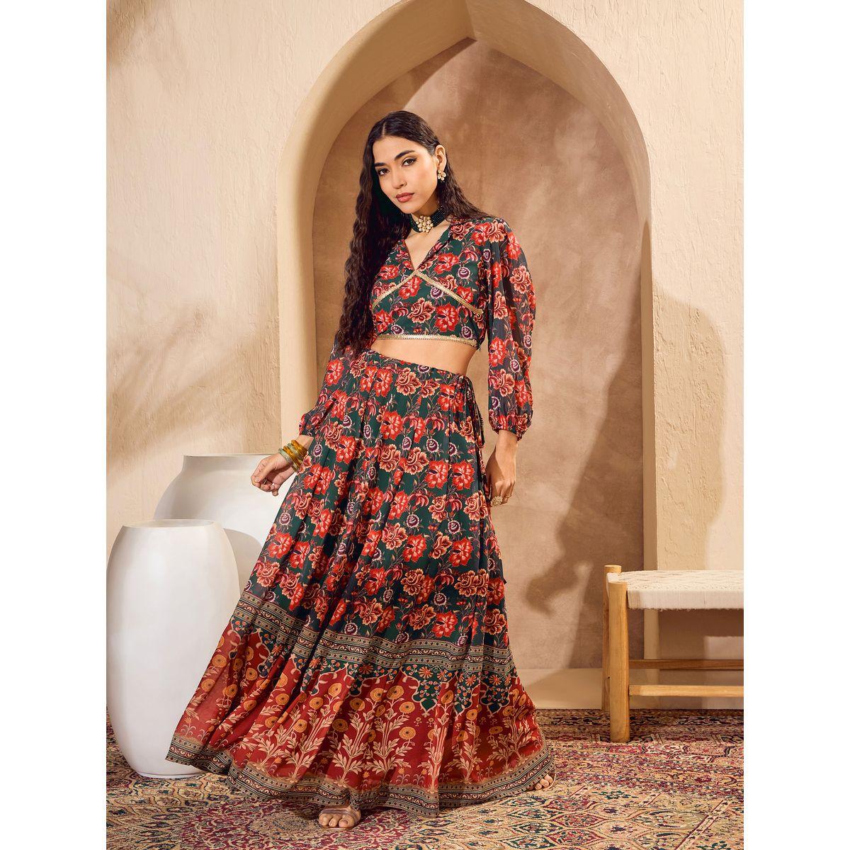 Sassafras Floral Print Collared Crop Top with Anarkali Skirt Co-Ords-women-clothing-ethnicwear-salwarsuits-image-6