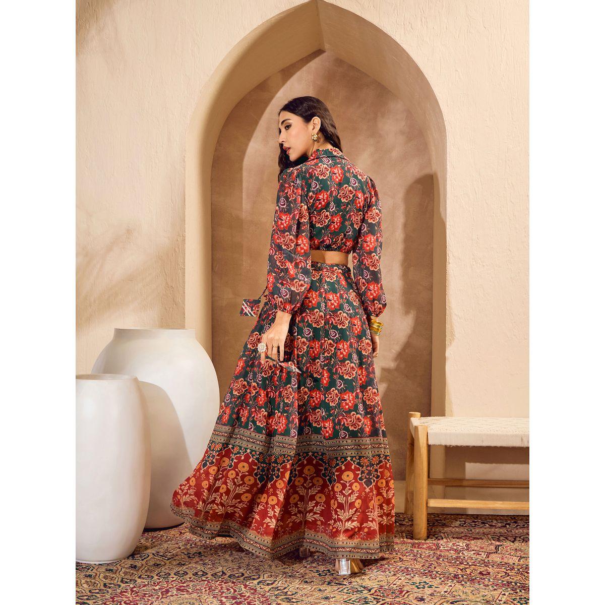 Sassafras Floral Print Collared Crop Top with Anarkali Skirt Co-Ords-women-clothing-ethnicwear-salwarsuits-image-7