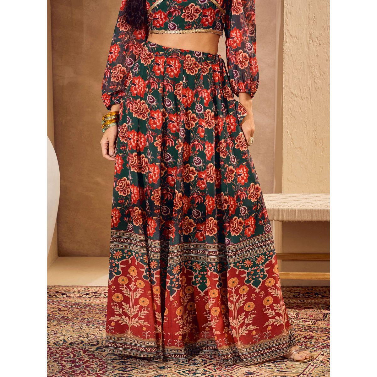 Sassafras Floral Print Collared Crop Top with Anarkali Skirt Co-Ords-women-clothing-ethnicwear-salwarsuits-image-8