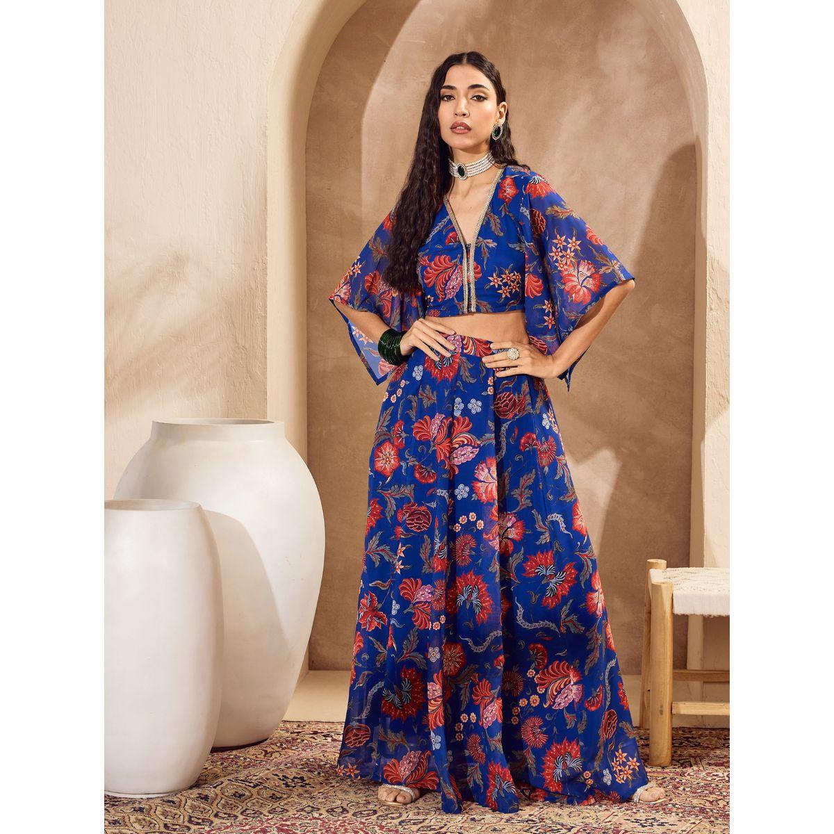 طقم منسق من تنورة وبلوزة قصيرة بطبعة زهور-women-clothing-ethnicwear-salwarsuits-image-1