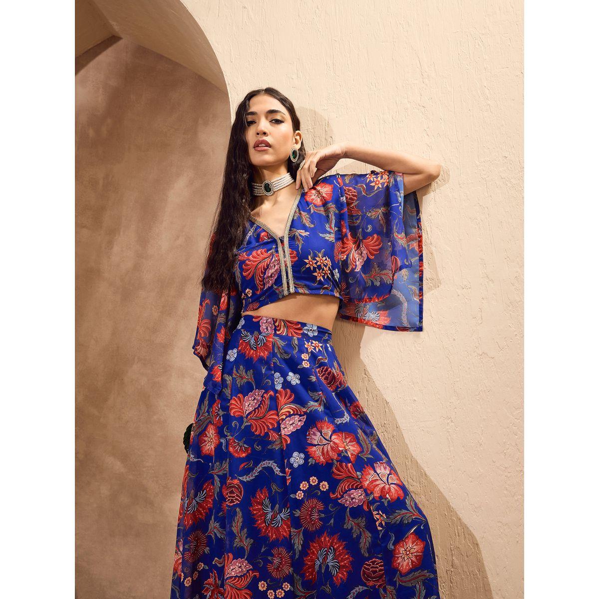 Sassafras Blue Floral Print V-Neck Crop Top with Anarkali Skirt Co-Ords-women-clothing-ethnicwear-salwarsuits-image-2