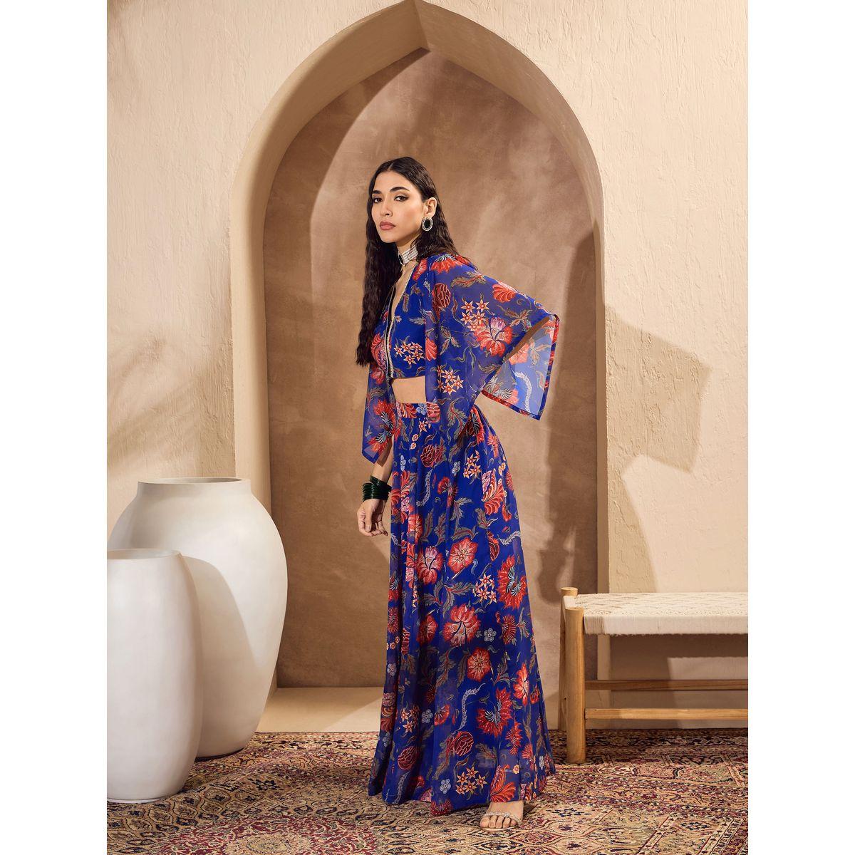 Sassafras Blue Floral Print V-Neck Crop Top with Anarkali Skirt Co-Ords-women-clothing-ethnicwear-salwarsuits-image-3