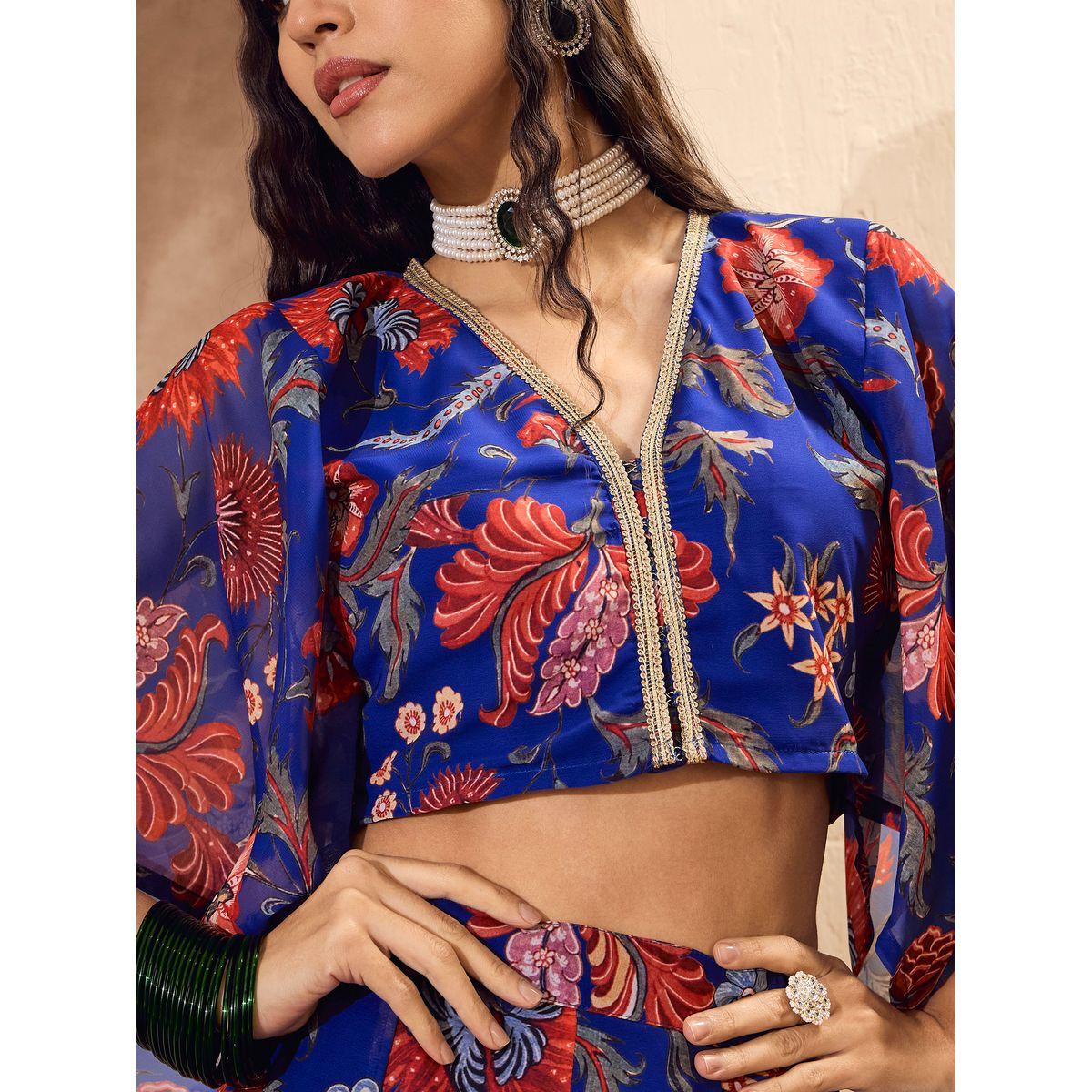 Sassafras Blue Floral Print V-Neck Crop Top with Anarkali Skirt Co-Ords-women-clothing-ethnicwear-salwarsuits-image-4
