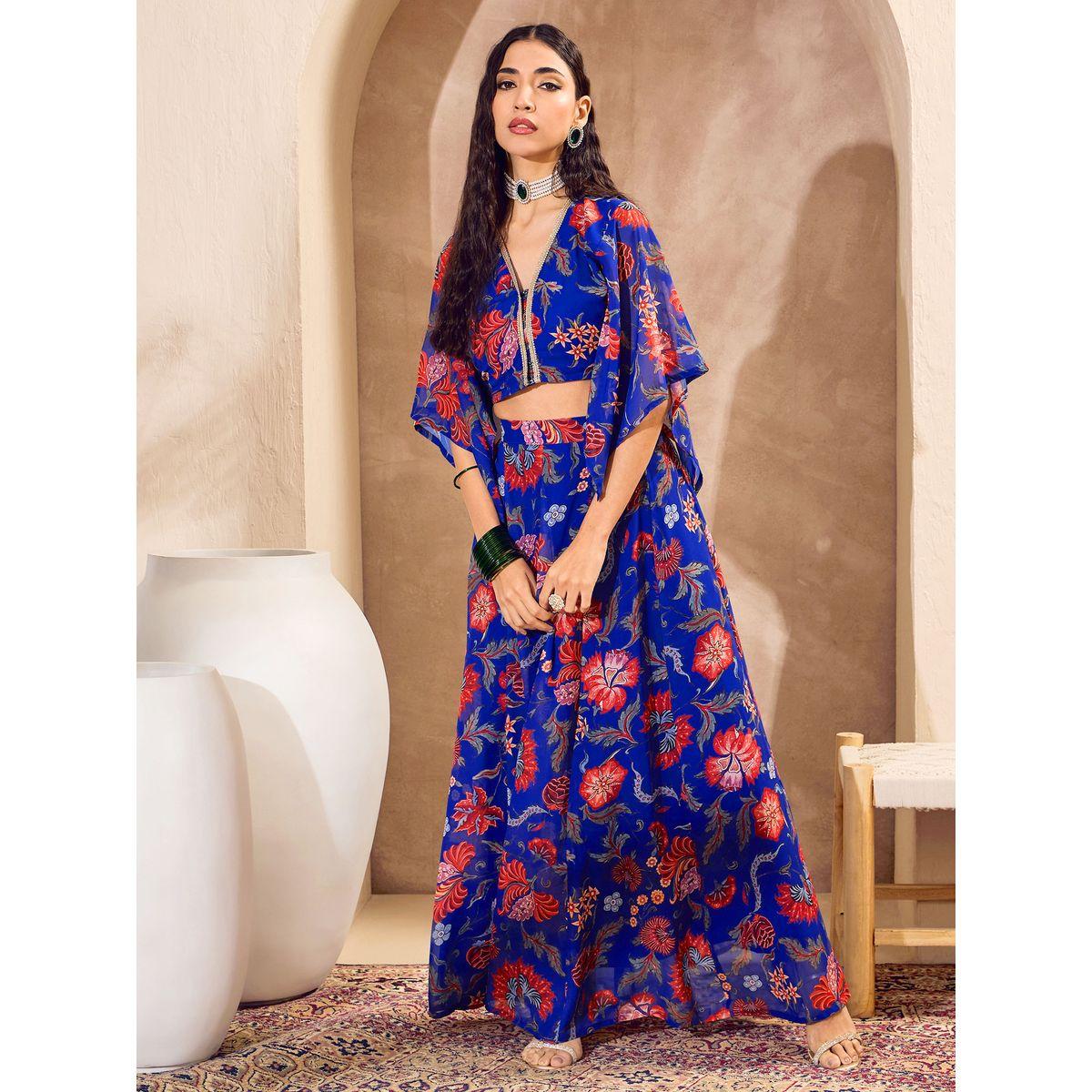 Sassafras Blue Floral Print V-Neck Crop Top with Anarkali Skirt Co-Ords-women-clothing-ethnicwear-salwarsuits-image-5
