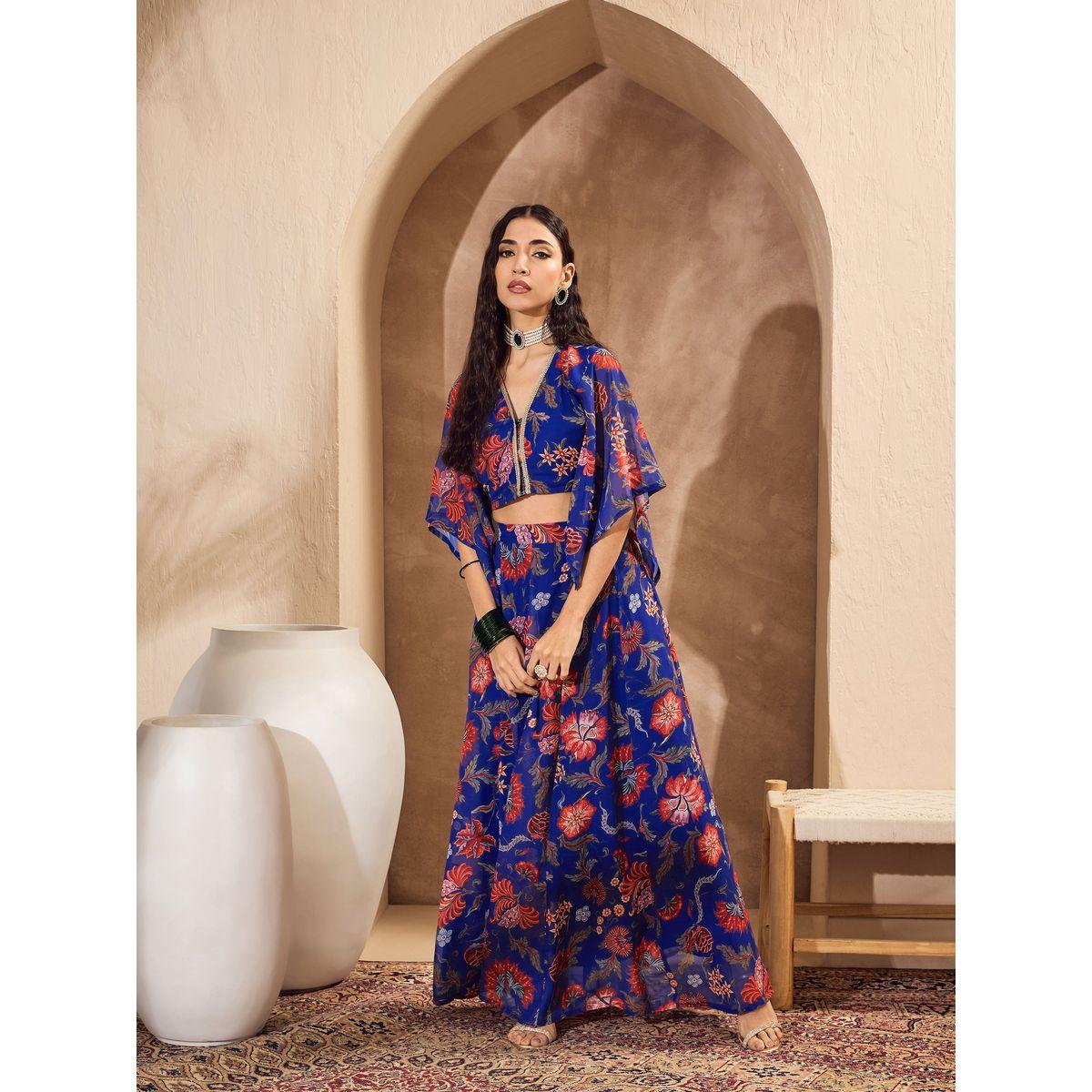 Sassafras Blue Floral Print V-Neck Crop Top with Anarkali Skirt Co-Ords-women-clothing-ethnicwear-salwarsuits-image-9