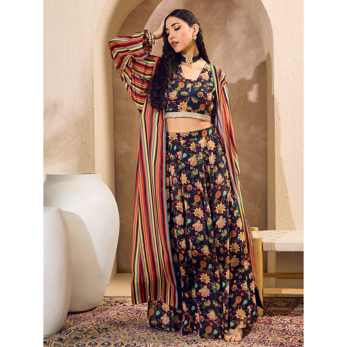 طقم منسق من تنورة وبلوزة قصيرة مع جاكيت-women-clothing-ethnicwear-salwarsuits-image-1