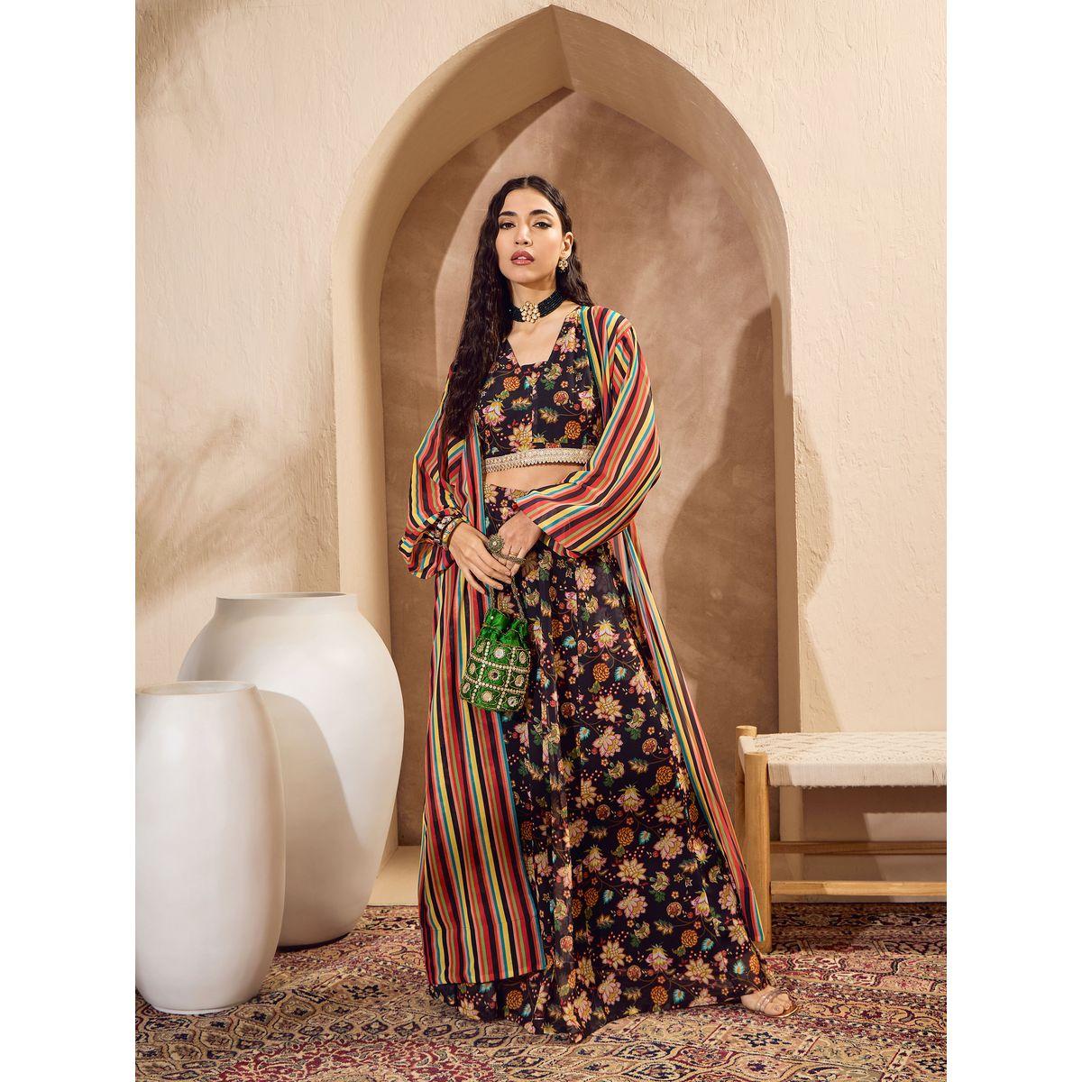 Sassafras Black Floral Crop Top with Anarkali Skirt and Shrug Co-Ords-women-clothing-ethnicwear-salwarsuits-image-11