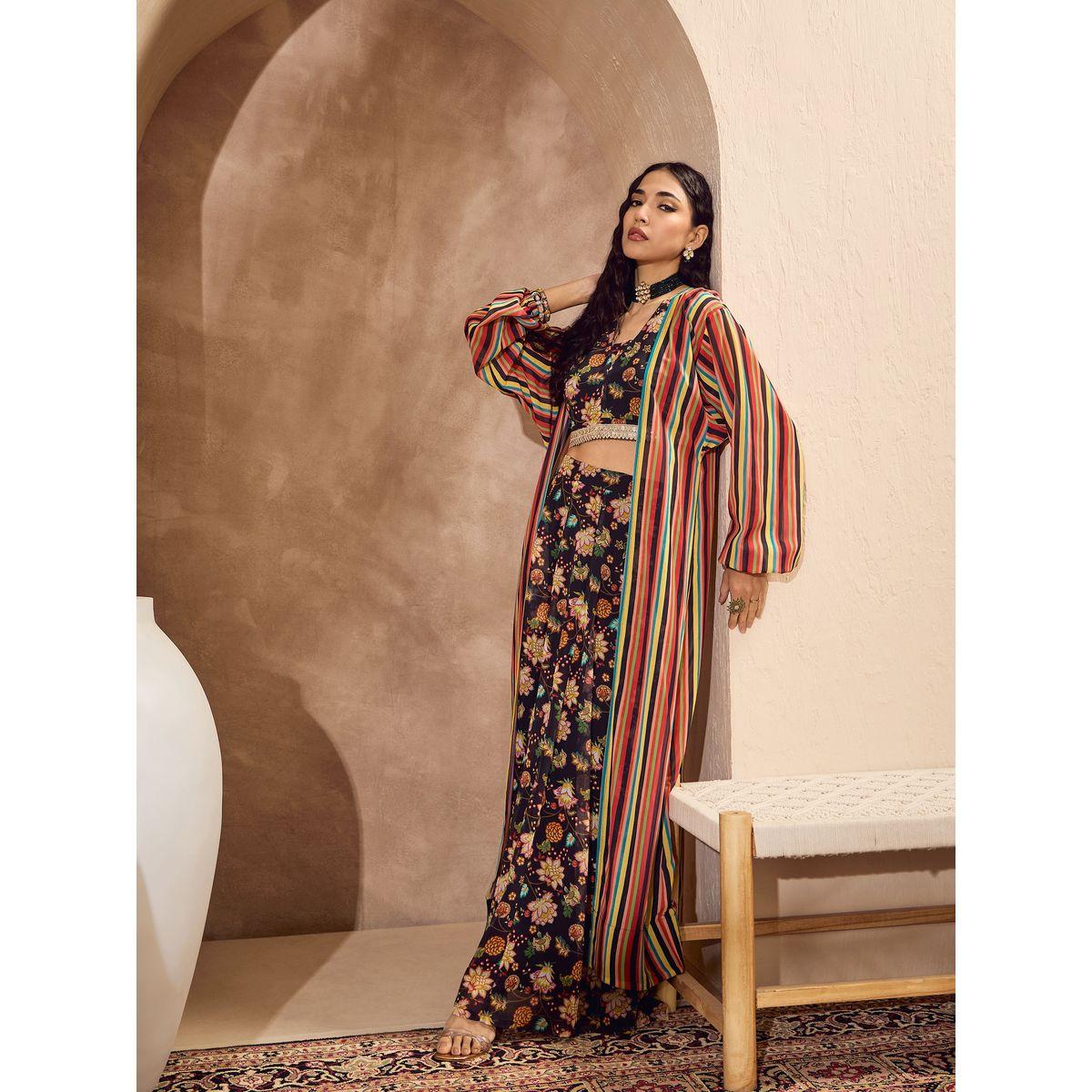 Sassafras Black Floral Crop Top with Anarkali Skirt and Shrug Co-Ords-women-clothing-ethnicwear-salwarsuits-image-2