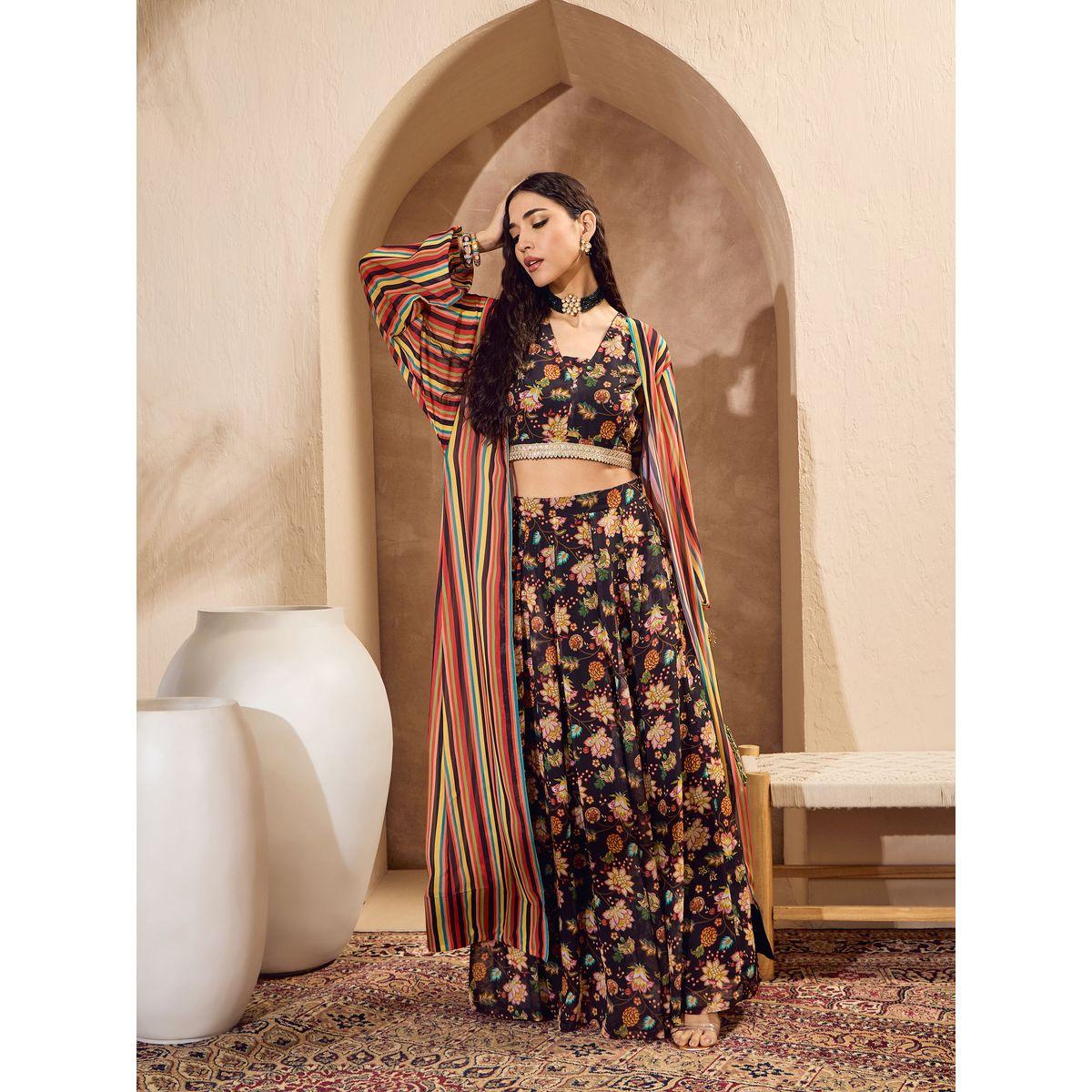 طقم منسق من تنورة وبلوزة قصيرة مع جاكيت-women-clothing-ethnicwear-salwarsuits-image-3