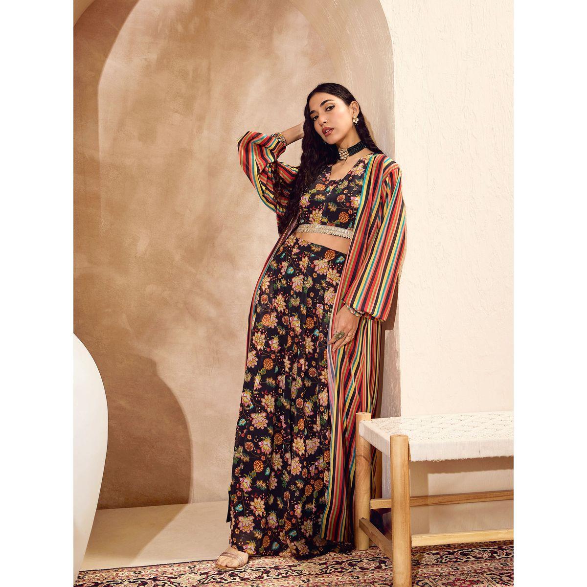 طقم منسق من تنورة وبلوزة قصيرة مع جاكيت-women-clothing-ethnicwear-salwarsuits-image-4