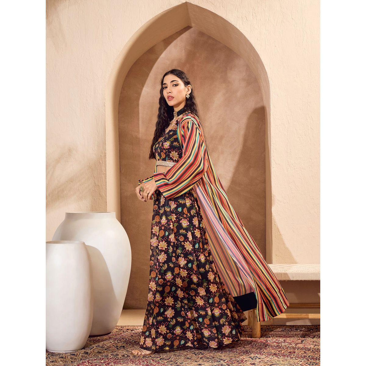 طقم منسق من تنورة وبلوزة قصيرة مع جاكيت-women-clothing-ethnicwear-salwarsuits-image-5