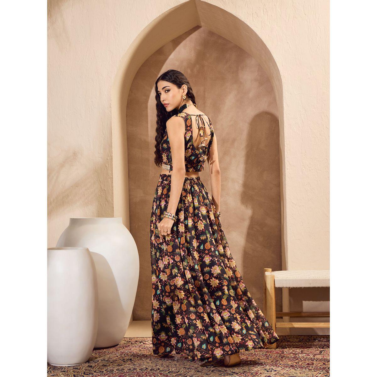 Sassafras Black Floral Crop Top with Anarkali Skirt and Shrug Co-Ords-women-clothing-ethnicwear-salwarsuits-image-9