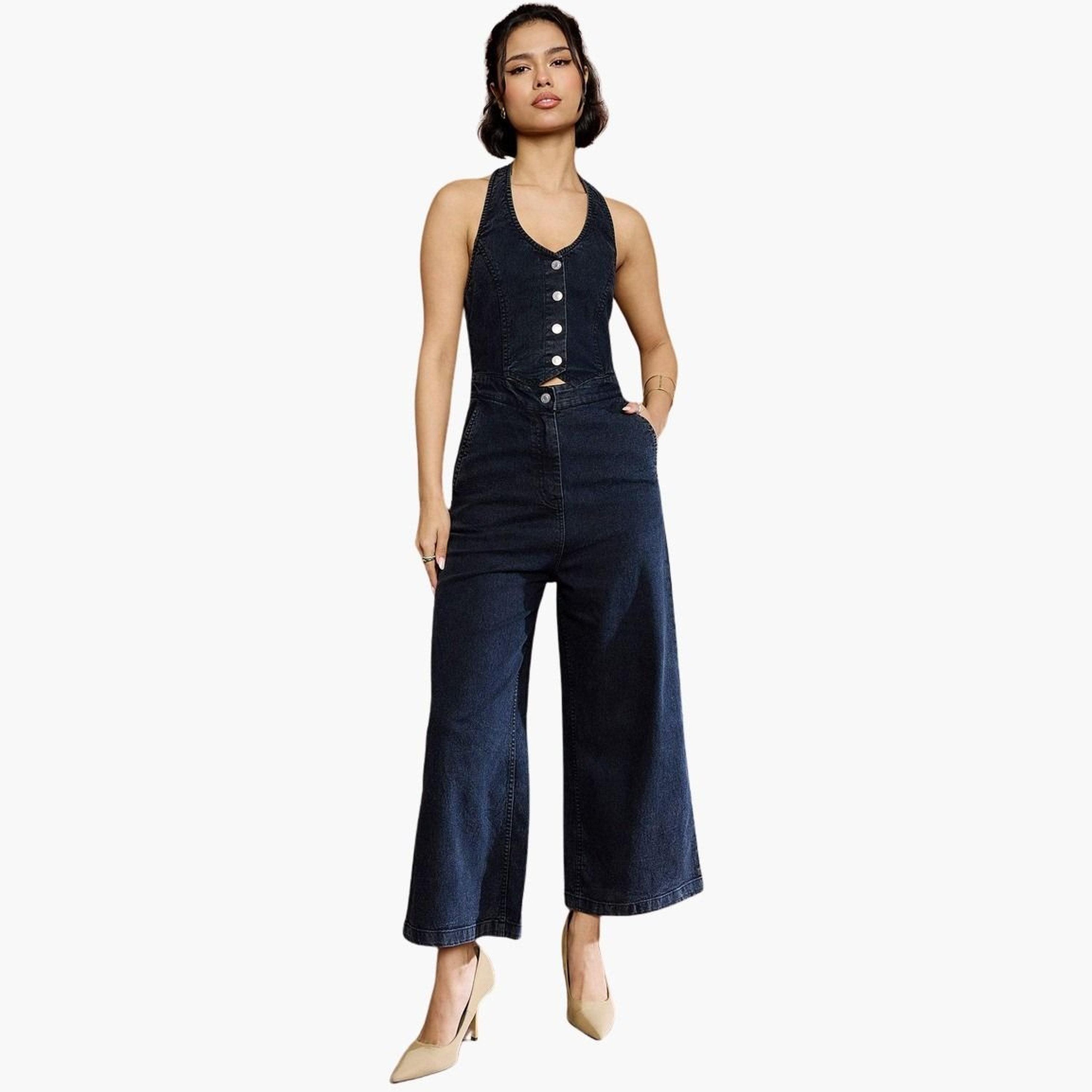 Sassafras Women Black Washed Denim Halter Neck Jumpsuit-women-clothing-jumpsuits-image-1
