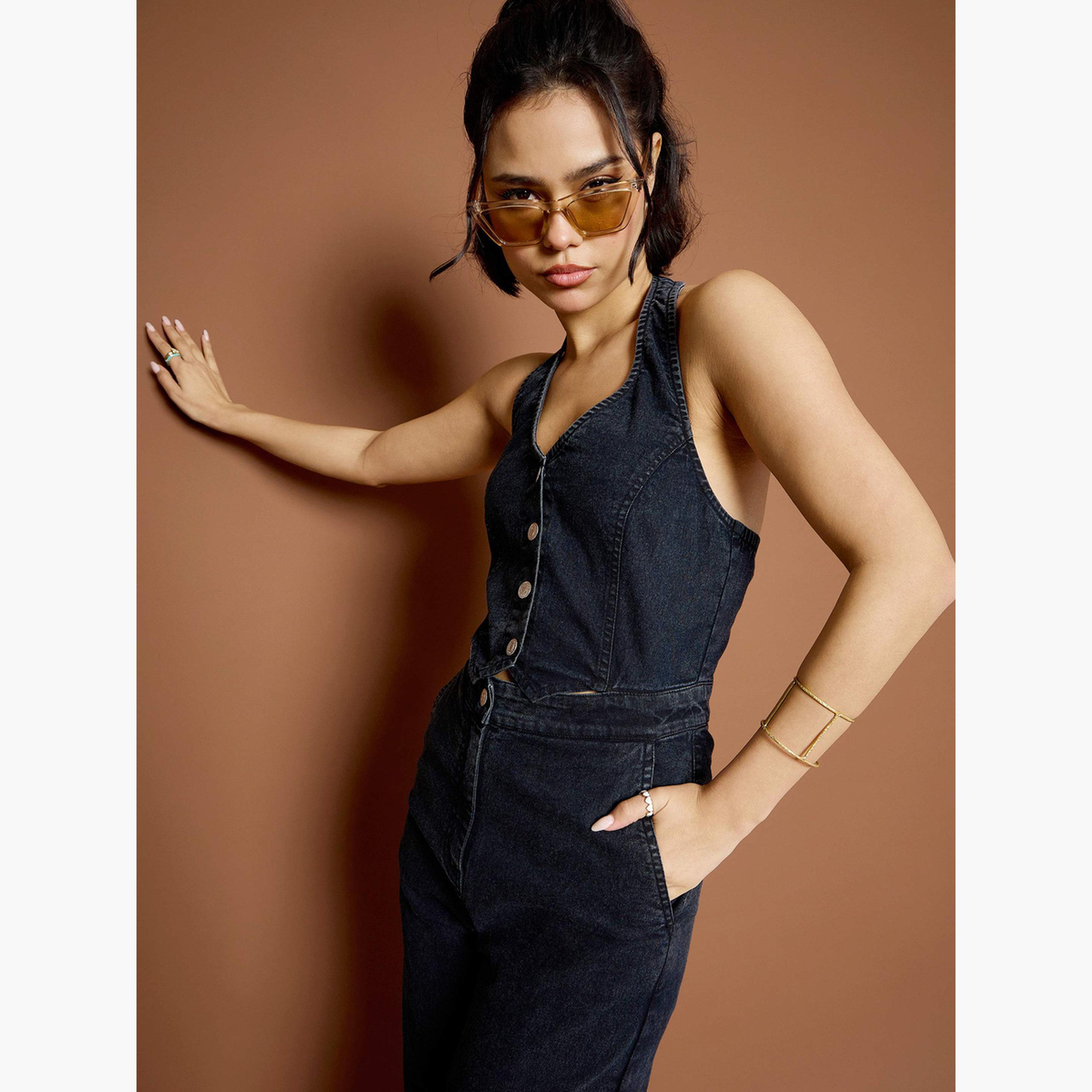 Sassafras Women Black Washed Denim Halter Neck Jumpsuit-women-clothing-jumpsuits-image-2