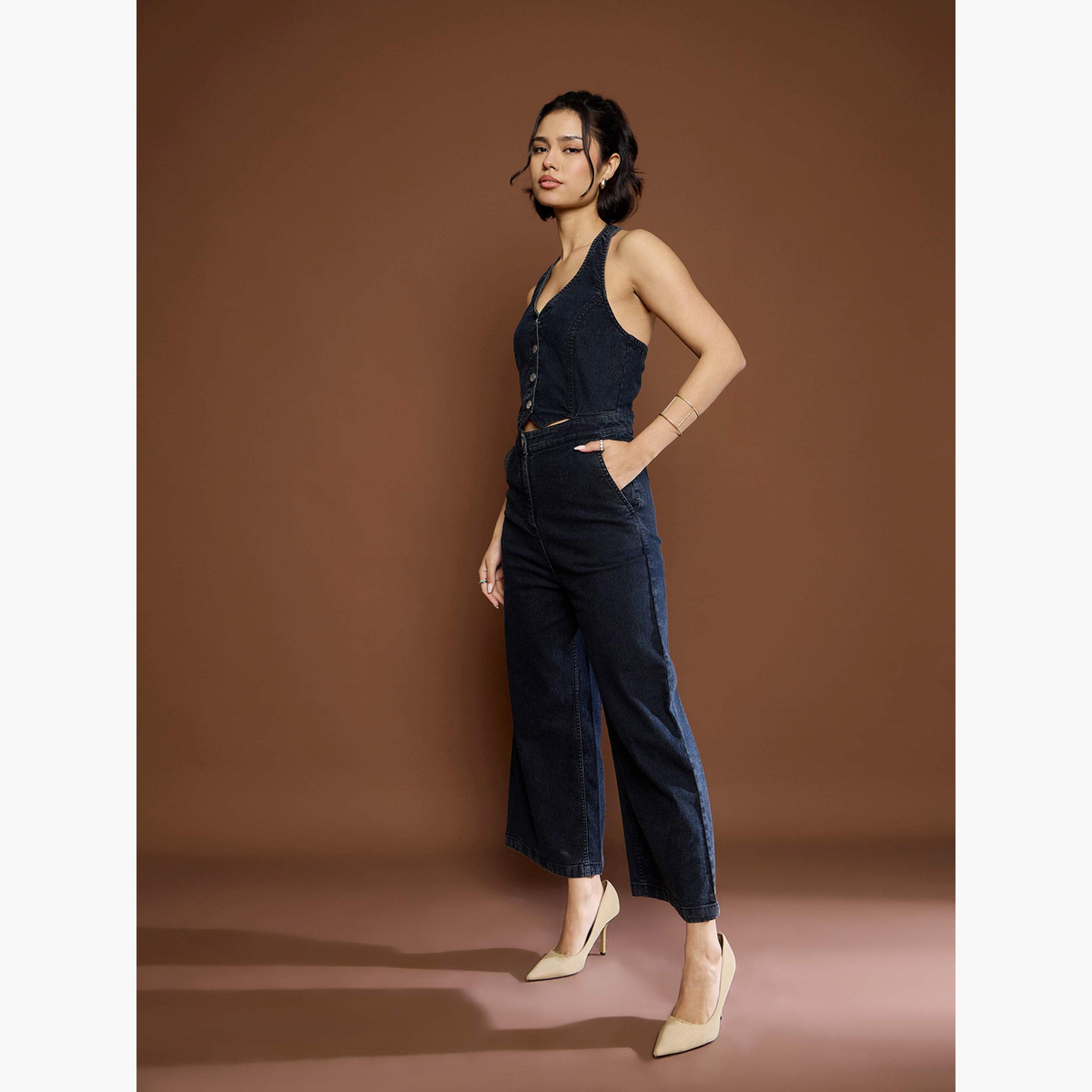 ساسافراس - جمبسوت جينز أسود مغسول بفتحة رقبة ياقة تعلق للنساء-women-clothing-jumpsuits-image-3