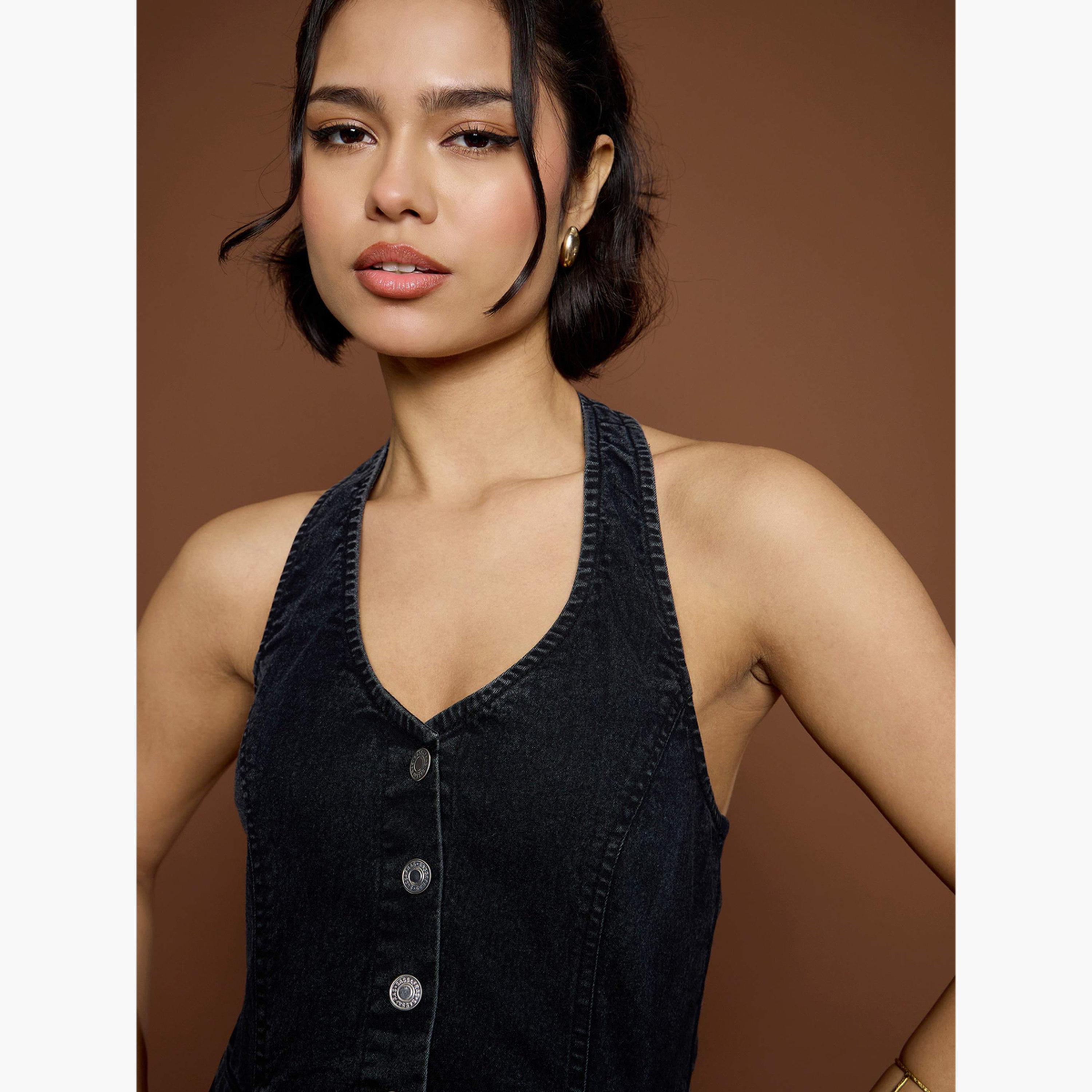 Sassafras Women Black Washed Denim Halter Neck Jumpsuit-women-clothing-jumpsuits-image-4