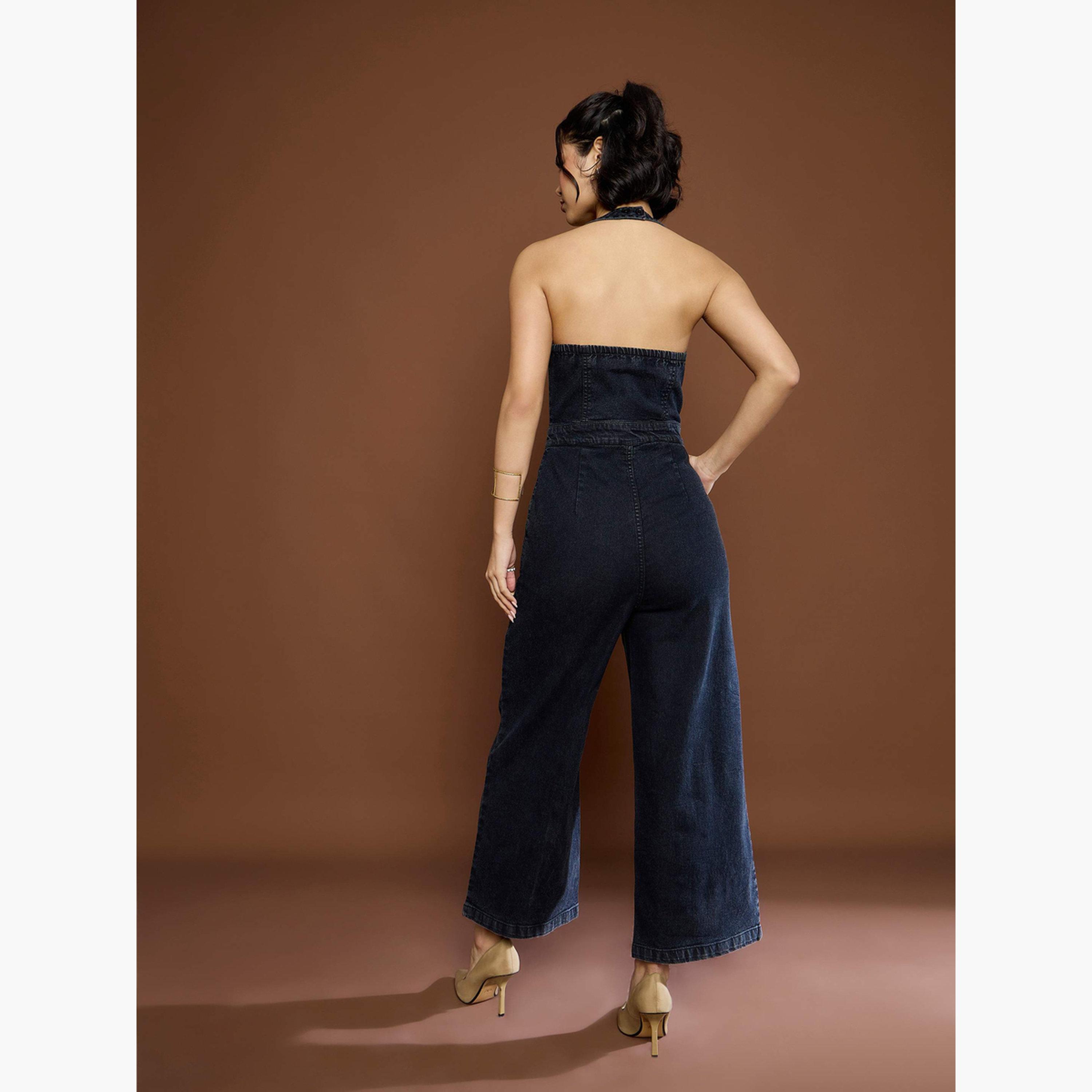 Sassafras Women Black Washed Denim Halter Neck Jumpsuit-women-clothing-jumpsuits-image-5
