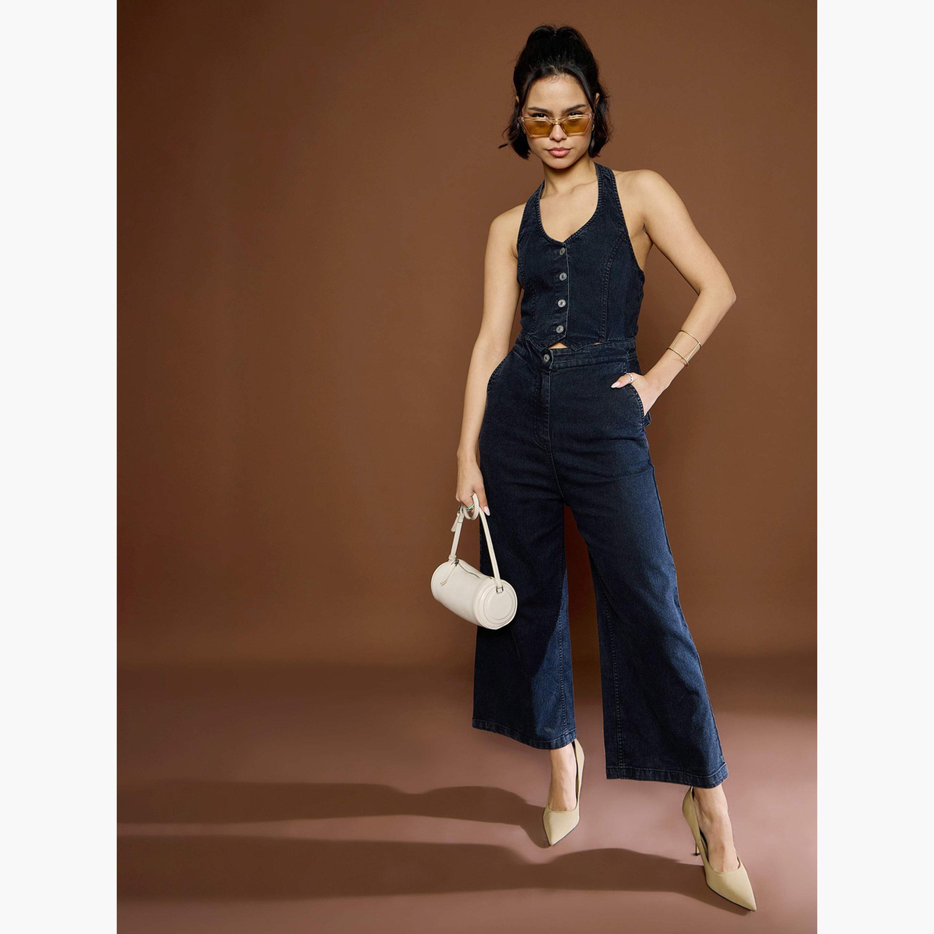 ساسافراس - جمبسوت جينز أسود مغسول بفتحة رقبة ياقة تعلق للنساء-women-clothing-jumpsuits-image-6