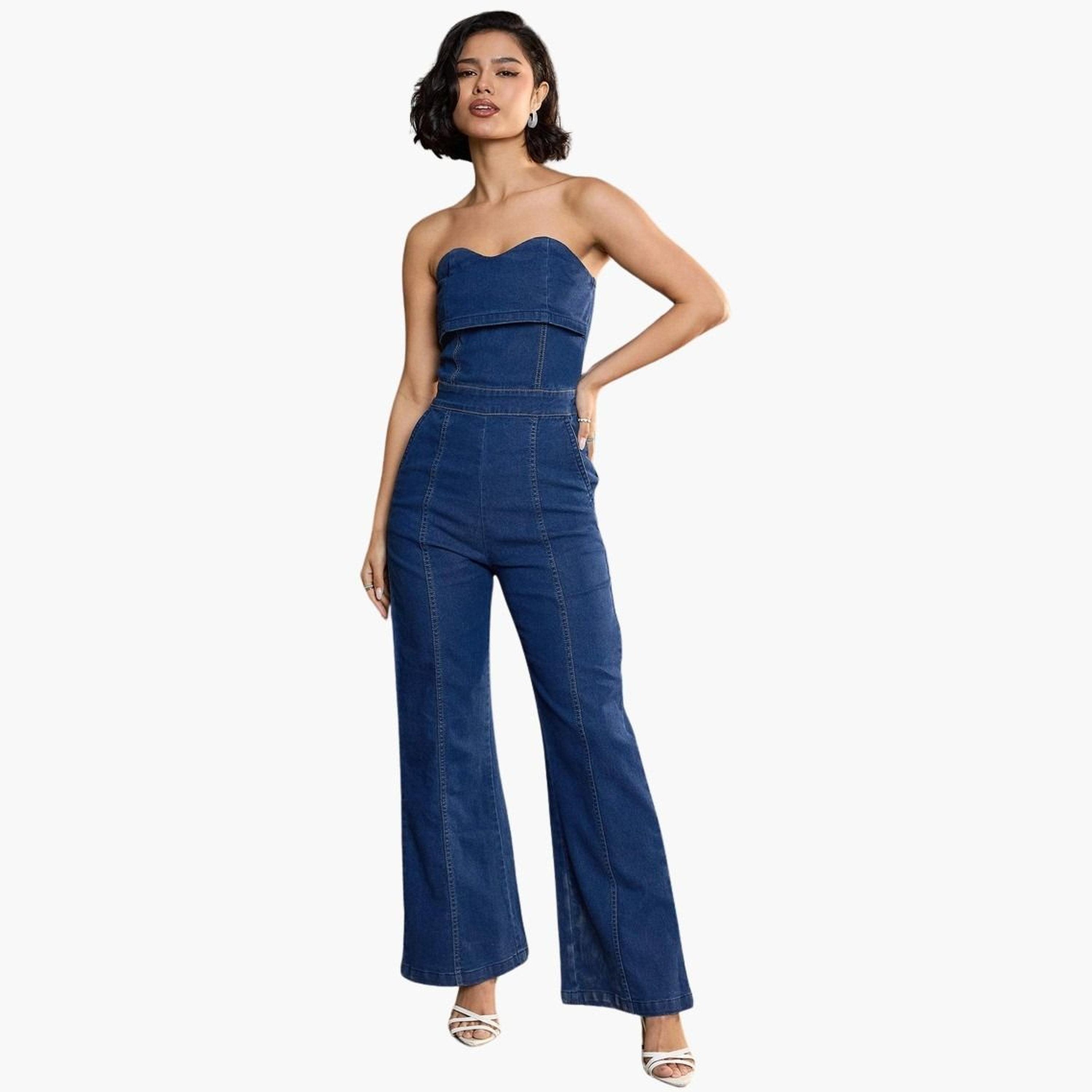 ساسافراس - جمبسوت جينز أزرق داكن برقبة دائرية للنساء-women-clothing-jumpsuits-image-1