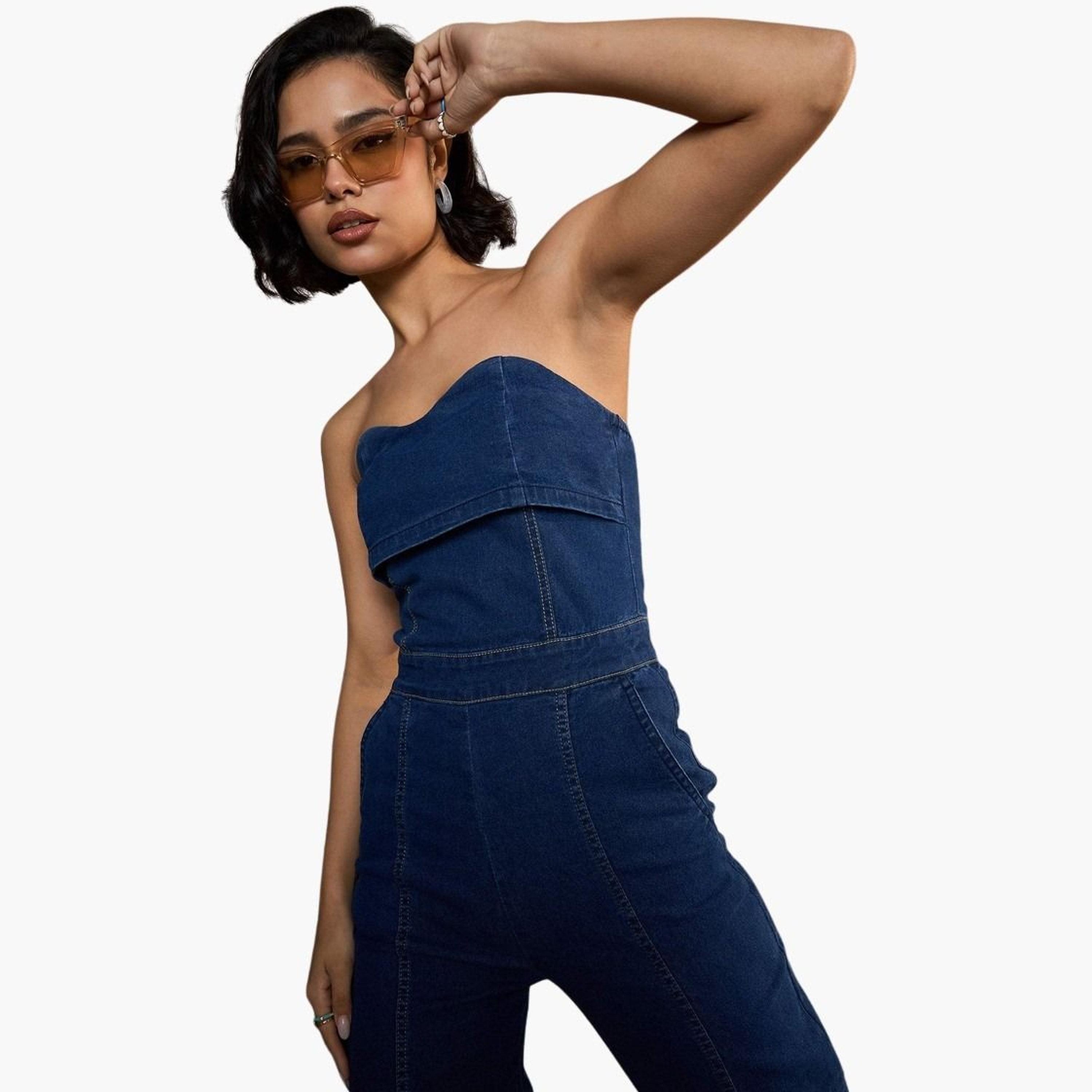 ساسافراس - جمبسوت جينز أزرق داكن برقبة دائرية للنساء-women-clothing-jumpsuits-image-2