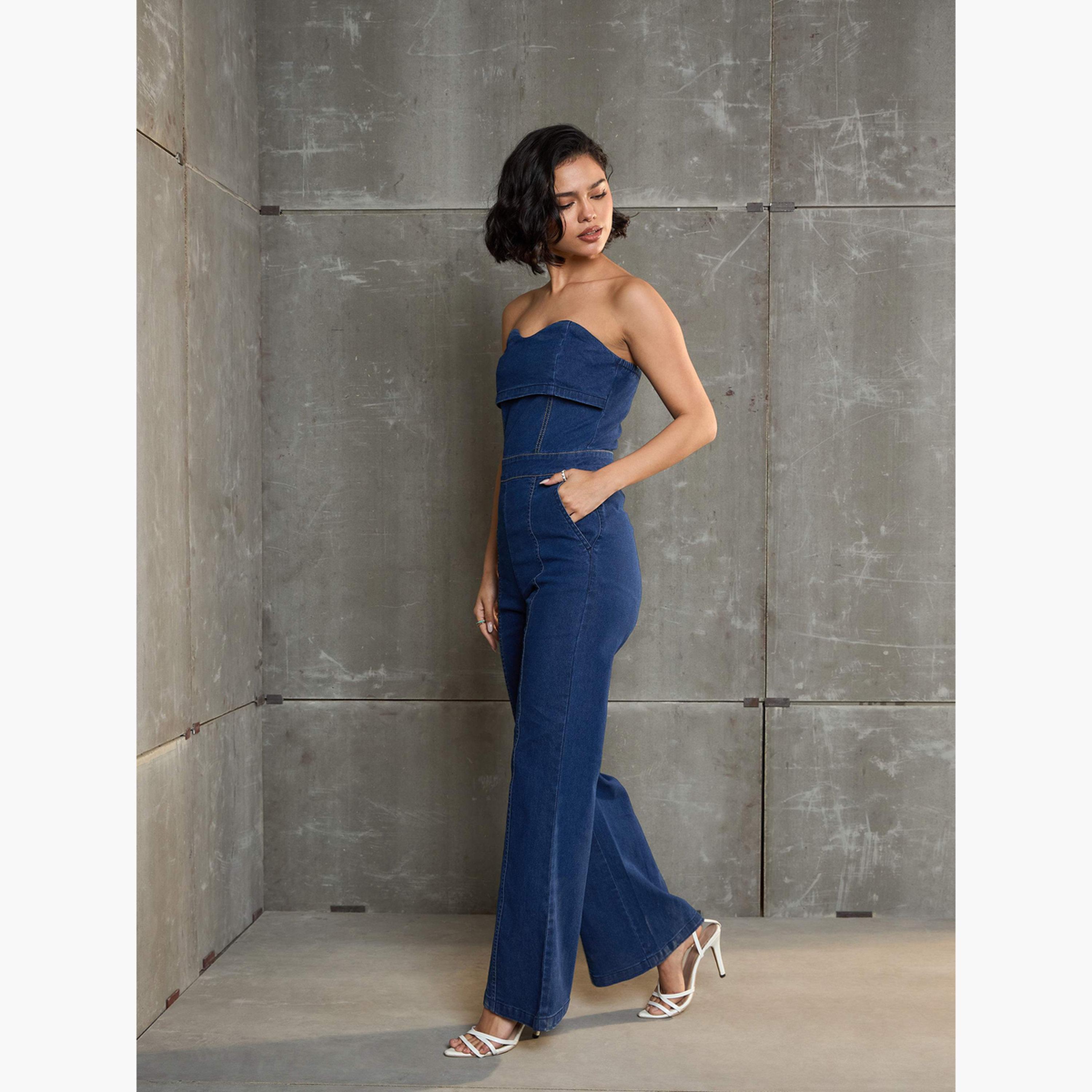 ساسافراس - جمبسوت جينز أزرق داكن برقبة دائرية للنساء-women-clothing-jumpsuits-image-3