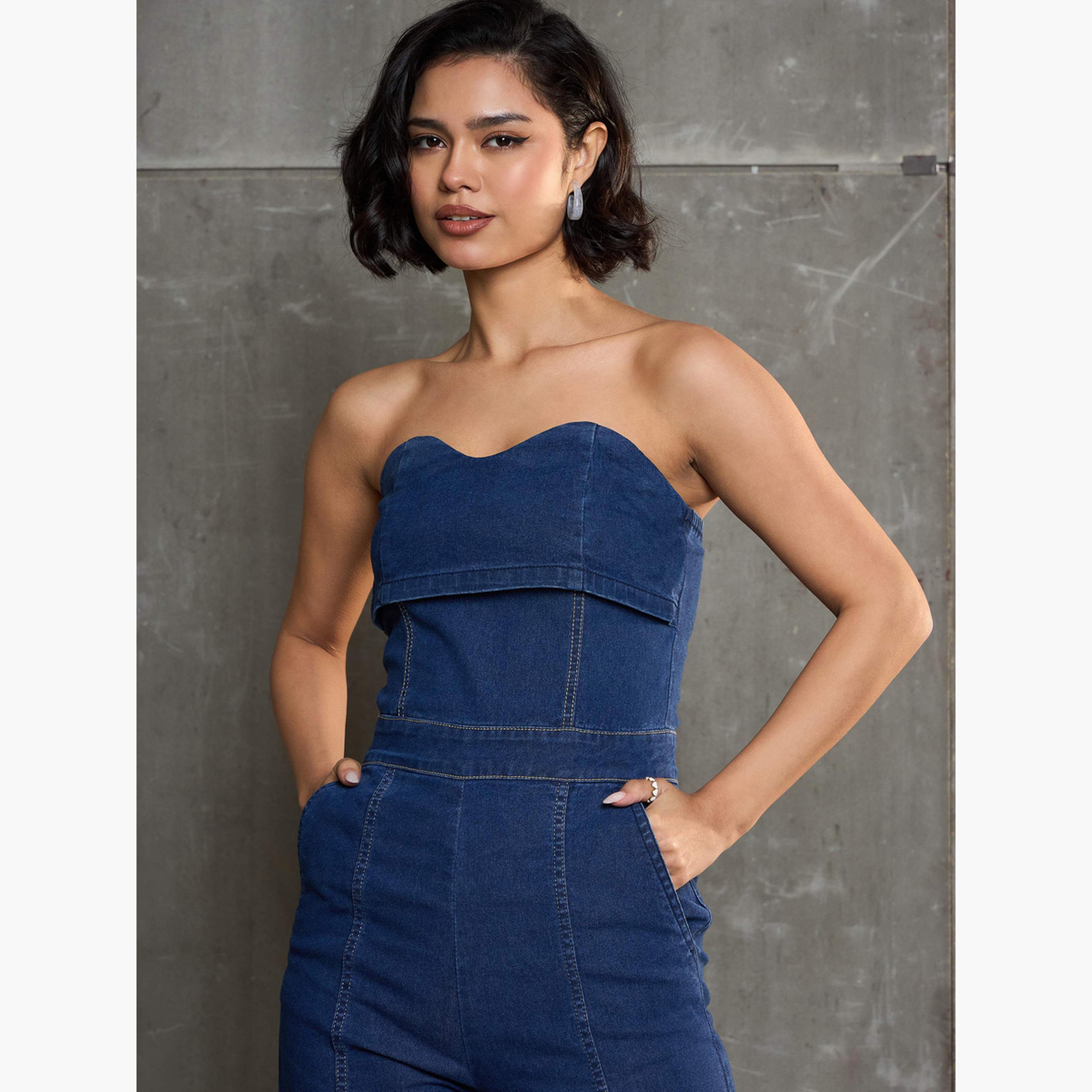 ساسافراس - جمبسوت جينز أزرق داكن برقبة دائرية للنساء-women-clothing-jumpsuits-image-4