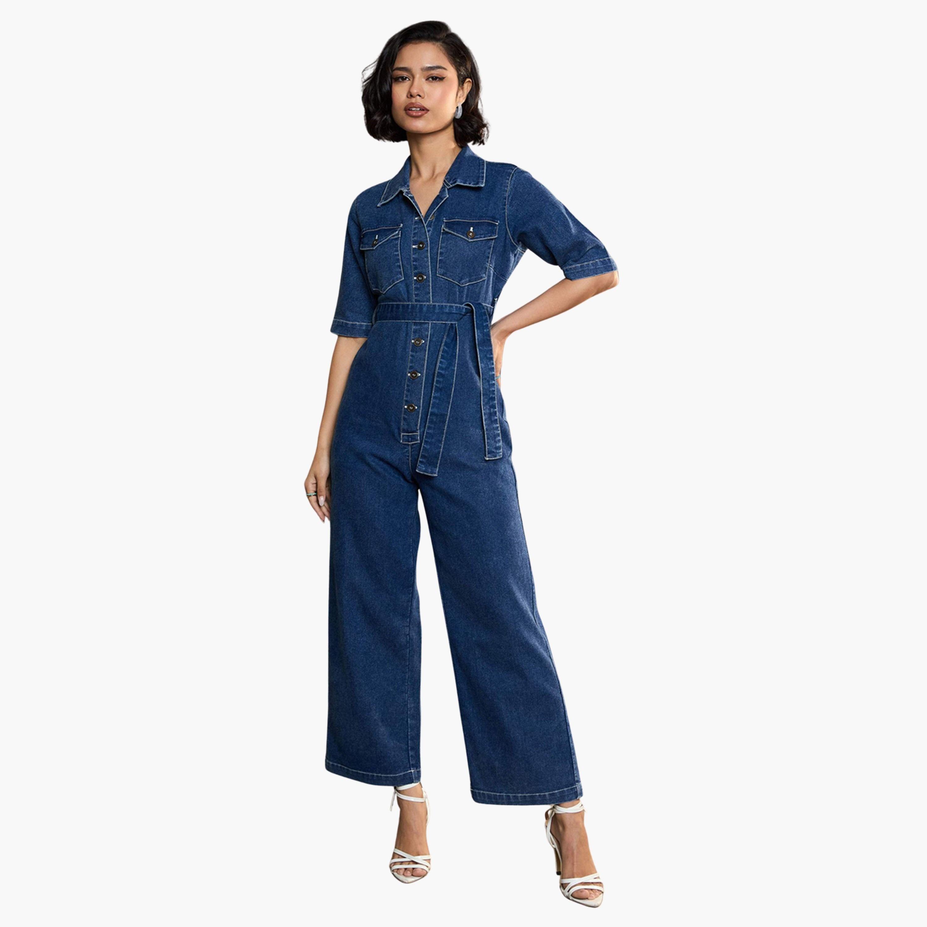 ساسافراس - جمبسوت جينز أزرق مغسول بأكمام قصيرة-women-clothing-jumpsuits-image-1